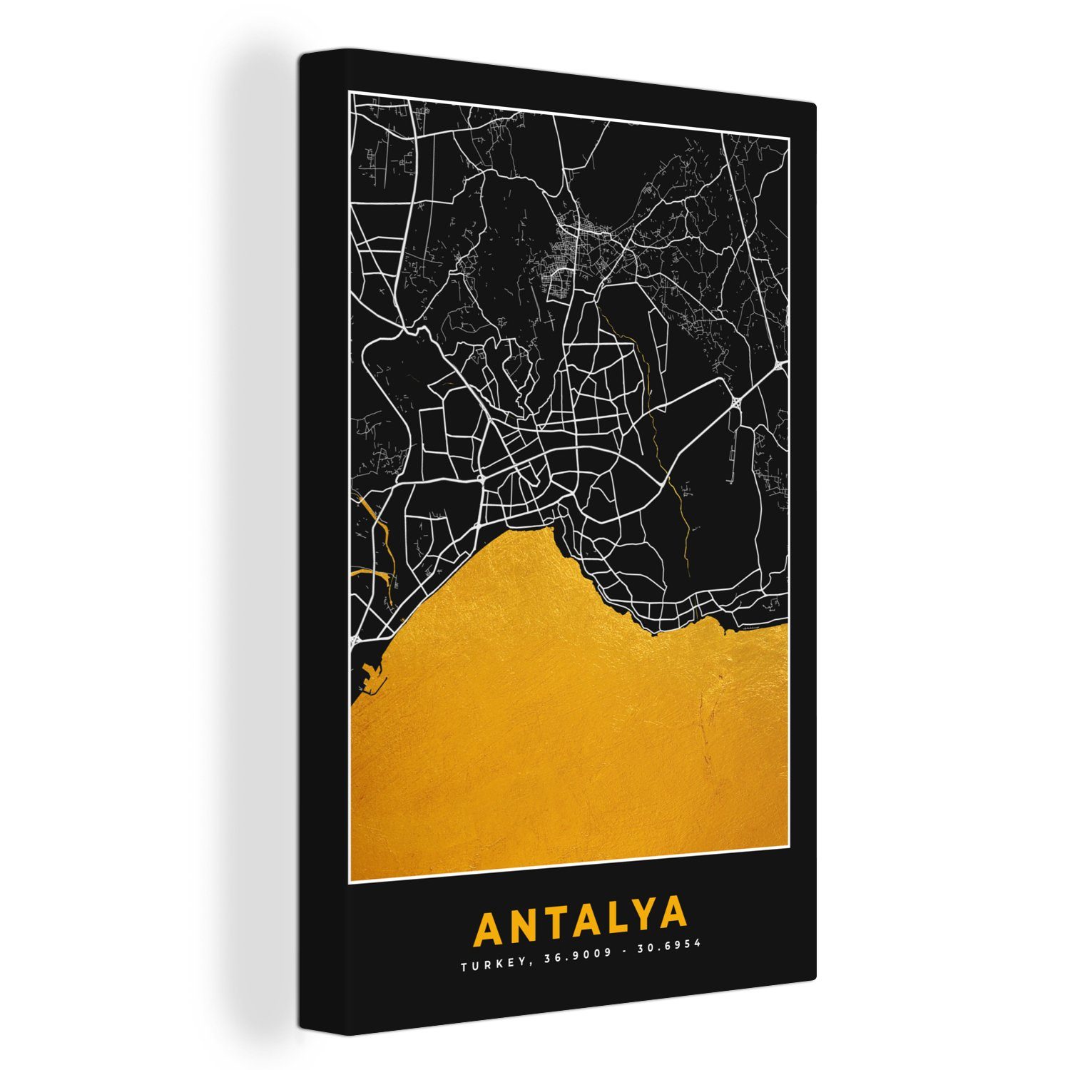 OneMillionCanvasses® Leinwandbild Antalya - Stadtplan - Gold - Karte, (1 St), Leinwandbild fertig bespannt inkl. Zackenaufhänger, Gemälde, 20x30 cm