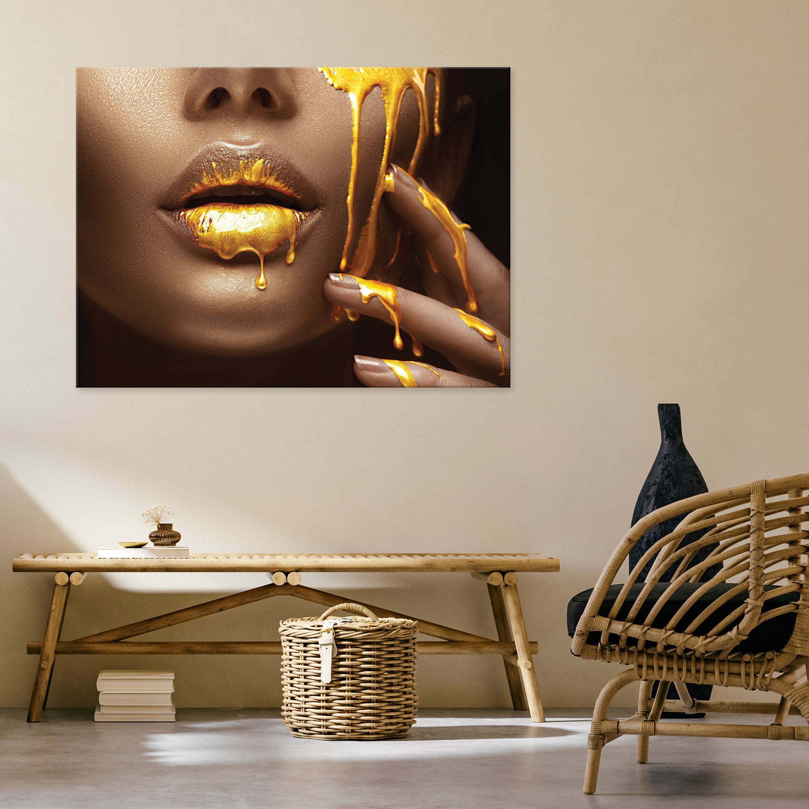 Gemalt Leinwand Aufhängefertig (Einteilig), Leinwandbilder Schlafzimmer Art Wohnzimmer Gold Wallarena Wandbild Schwarz Kunst Leinwandbild Bilder Frau auf XXL groß Modern, Frau Bild