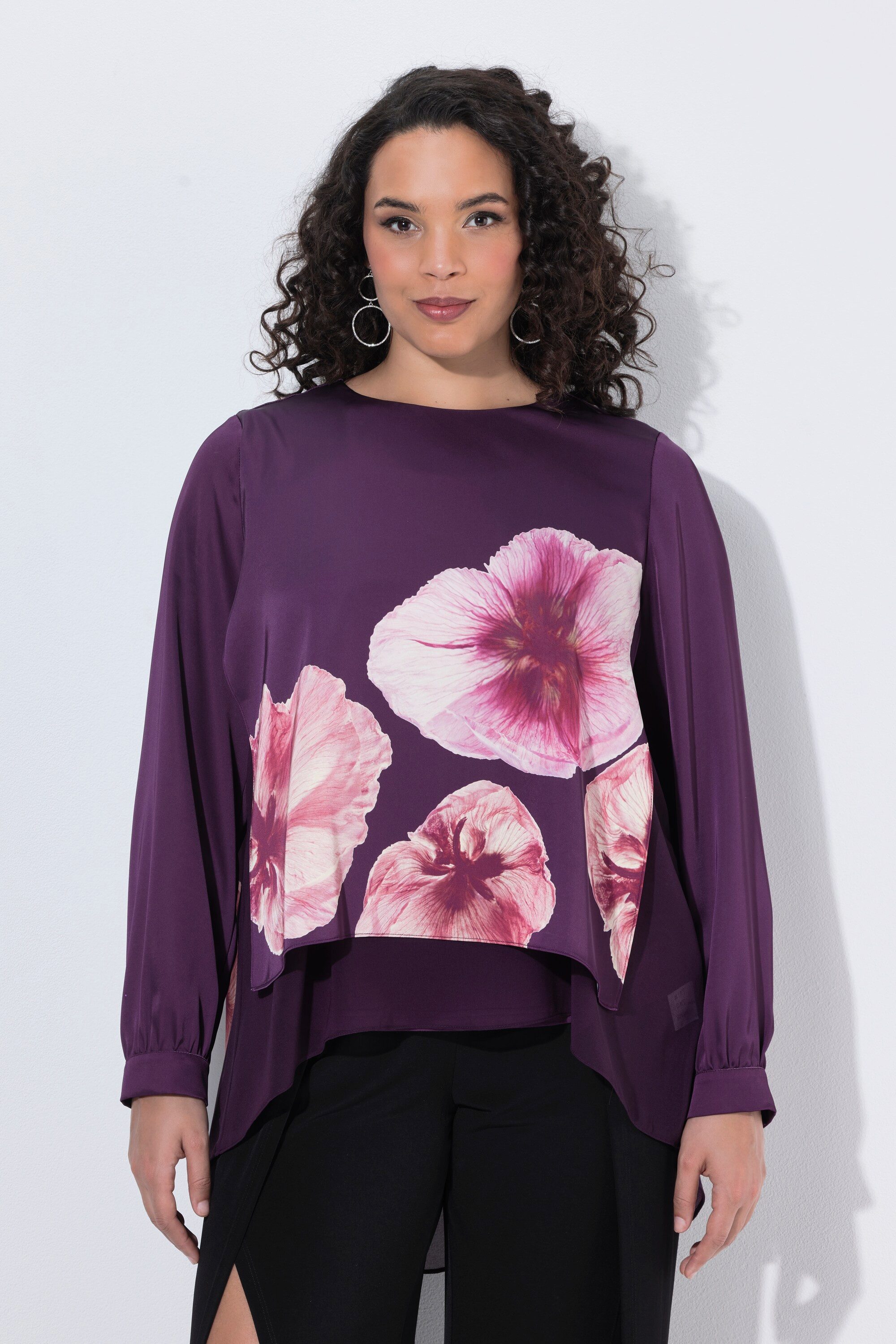 Ulla Popken Longbluse Chiffon-Bluse doppellagig A-Linie Rundhals Langarm