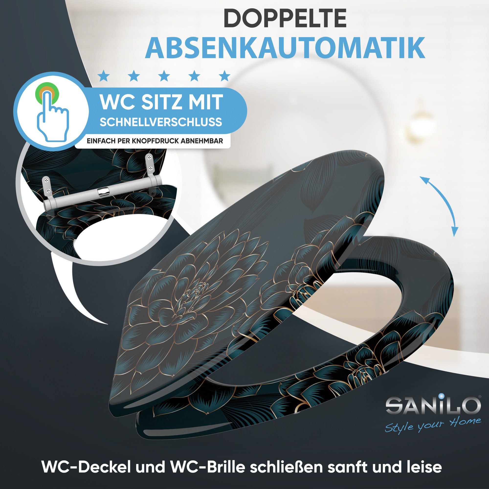Sanilo WC-Sitz mit Absenkautomatik, viele schöne Toilettensitze direkt vom Hersteller, hochwertig, abnehmbar, leichte Montage von oben, mit Schraubenzieher