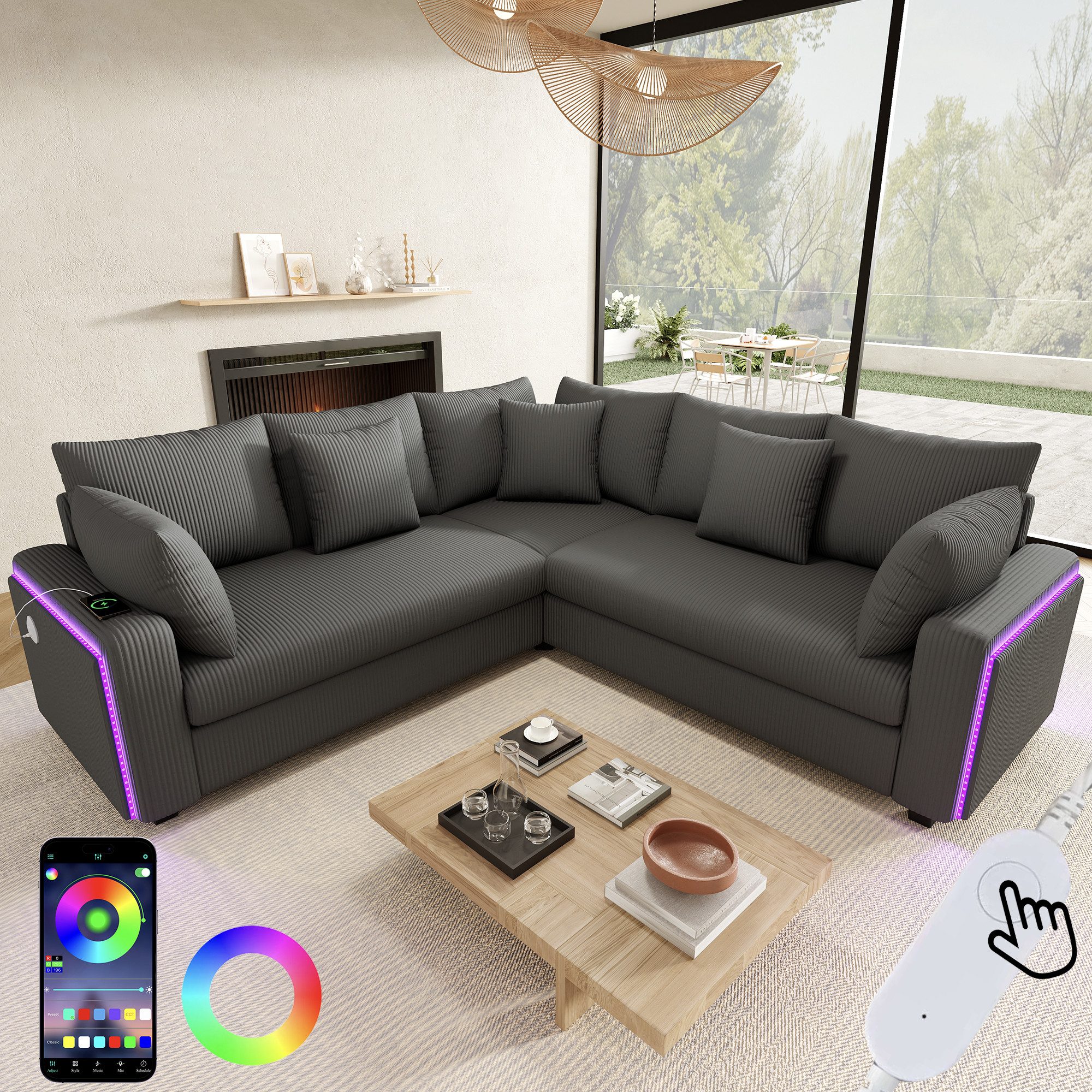 Merax Ecksofa mit LED-Beleuchtung und USB- & USB-C-Ladeanschluss, 198×198×83cm 1 Teile, L-förmiges Sofa Ecksofa, 5-Sitzer Couch mit Kissen, Cordstoff