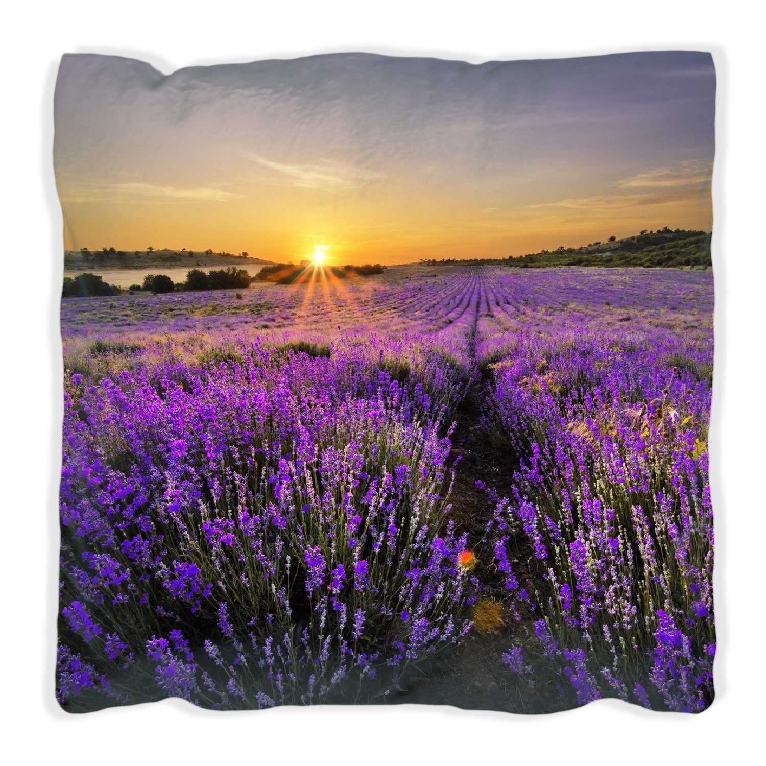 Wallario Dekokissen Sonnenuntergang über dem Lavendel, handgenäht