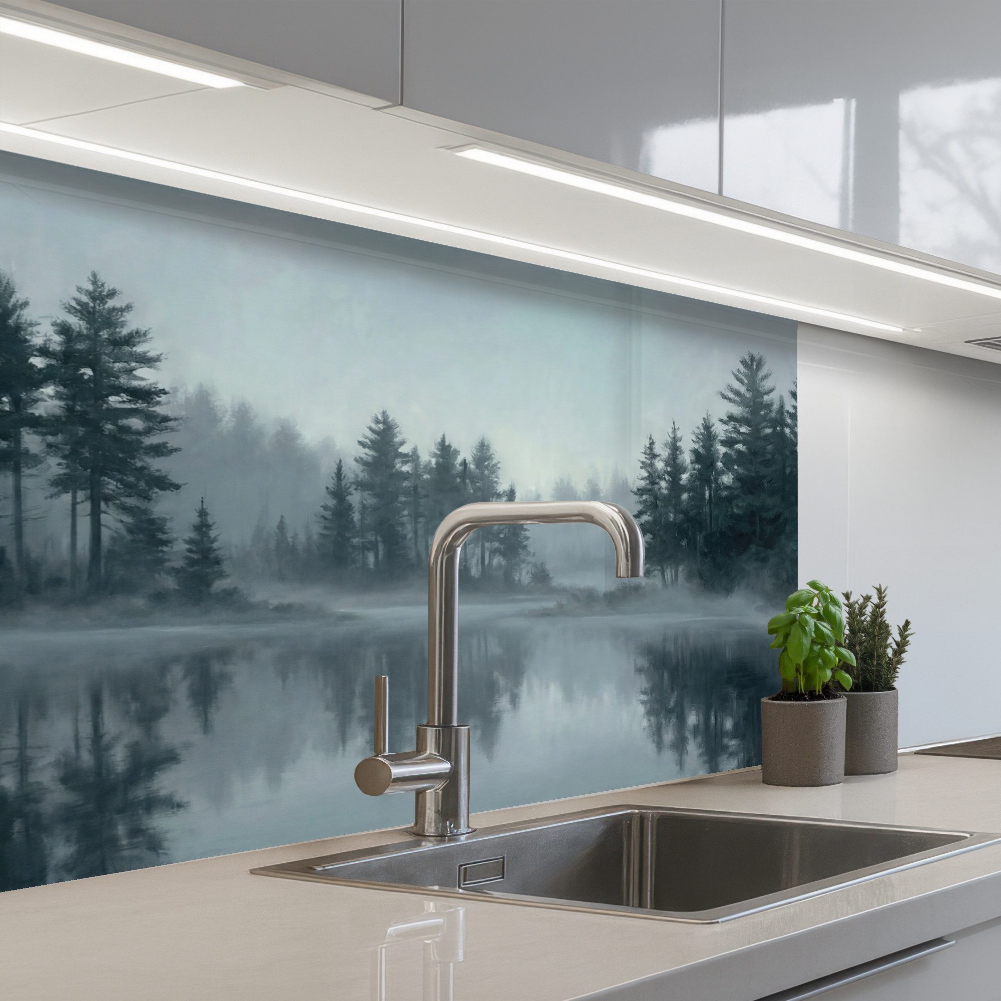 KitchenYeah Küchenrückwand selbstklebend (keine Folie) Wald - See - Nebel - Natur - Grau, (1-tlg), Spritzschutz, Küche, Rückwand, Küchenwand, Küchenfront, 80x60 cm