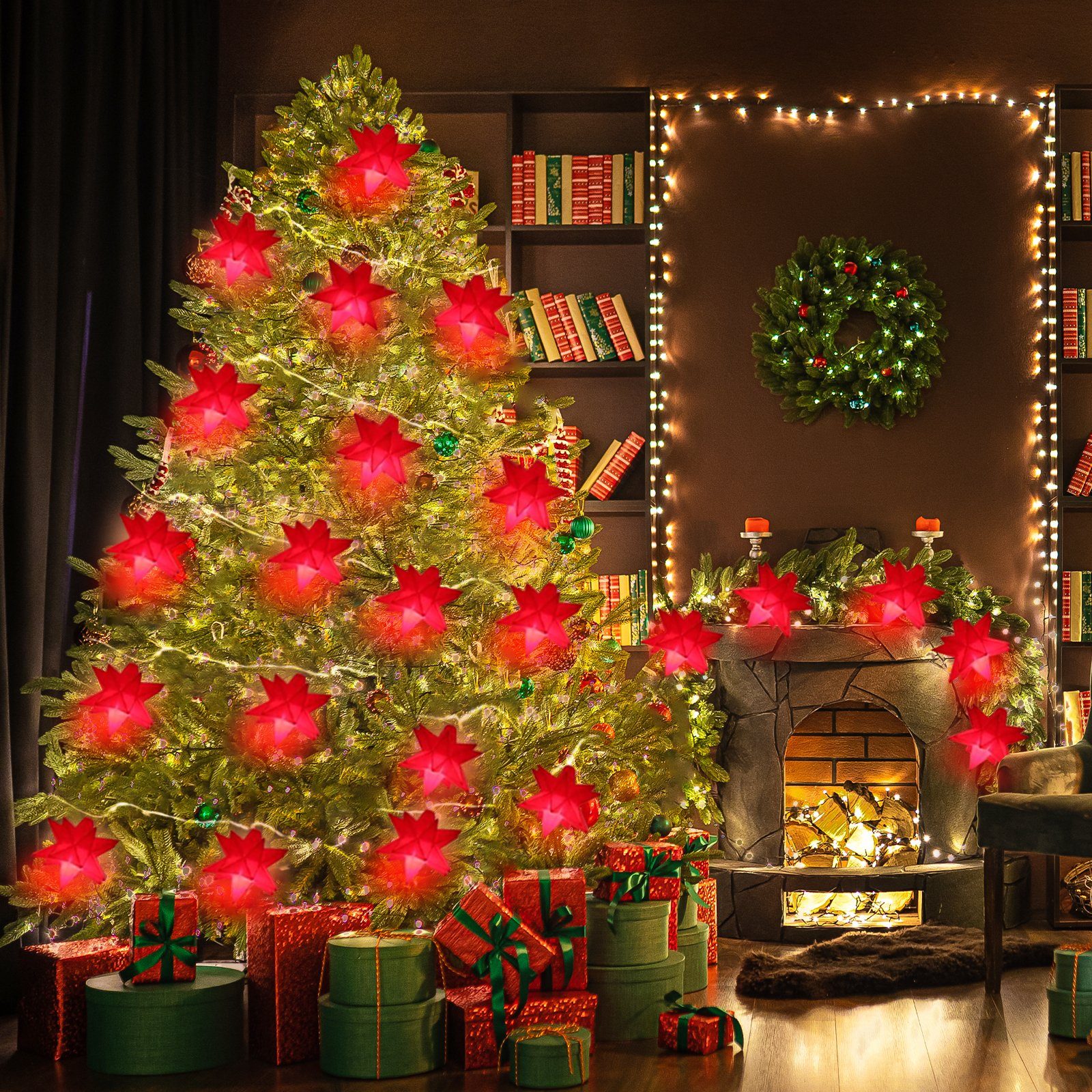 12 16 Salcar LED Beleuchtet mit Spitzen, Lichterkette, LED Timer Rot 3D Sterne 3D Weihnachtsstern mit Fester Stern LED-Lichterkette Leuchtstern Lichterkette Stück 2m 8cm