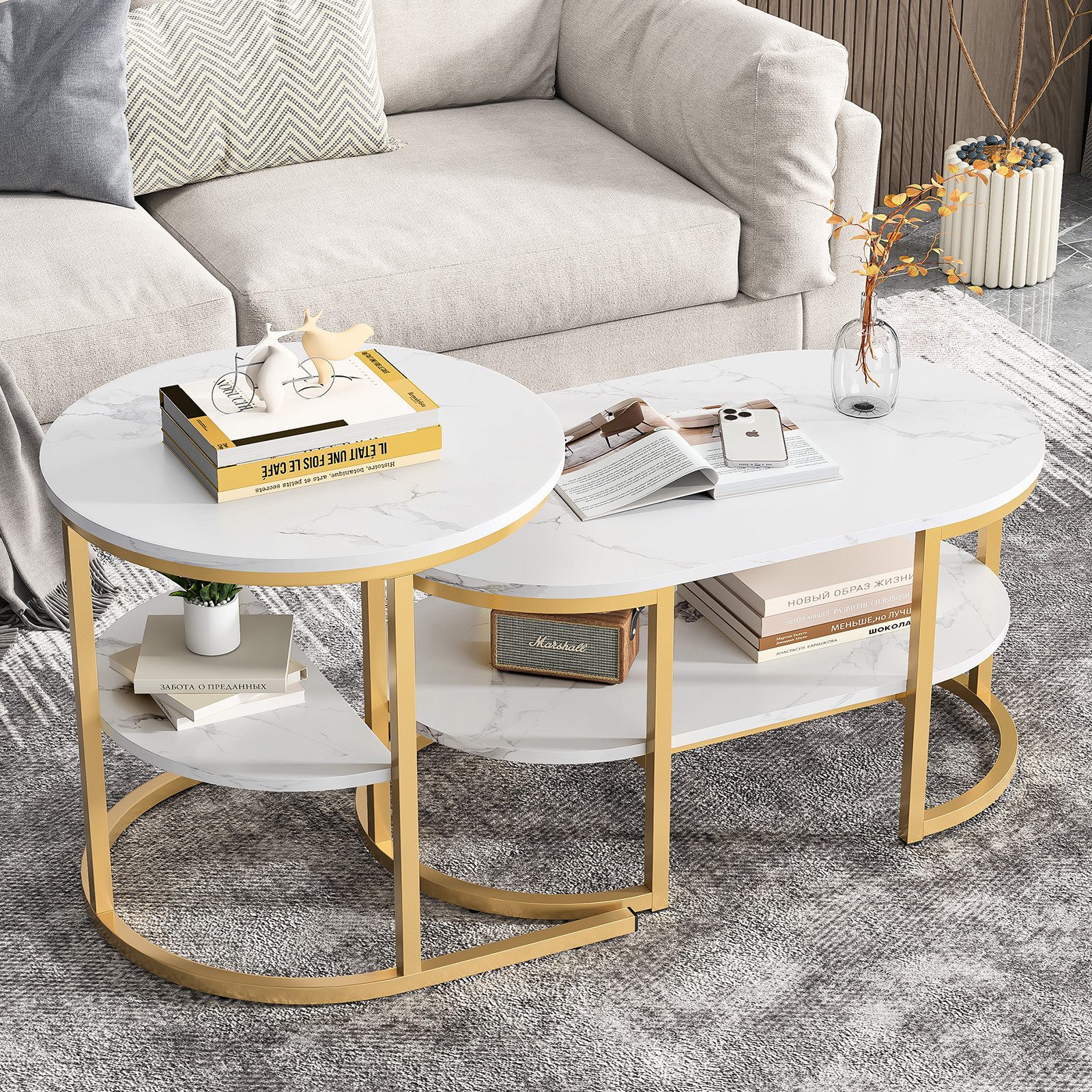 BELUPAI Couchtisch 2in1 Beistelltisch, Runder Tisch mit Marmoroptik (2er Set, 1-St., Satztisch), 80x46x41cm und 52x52x51cm,Weiß-Gold
