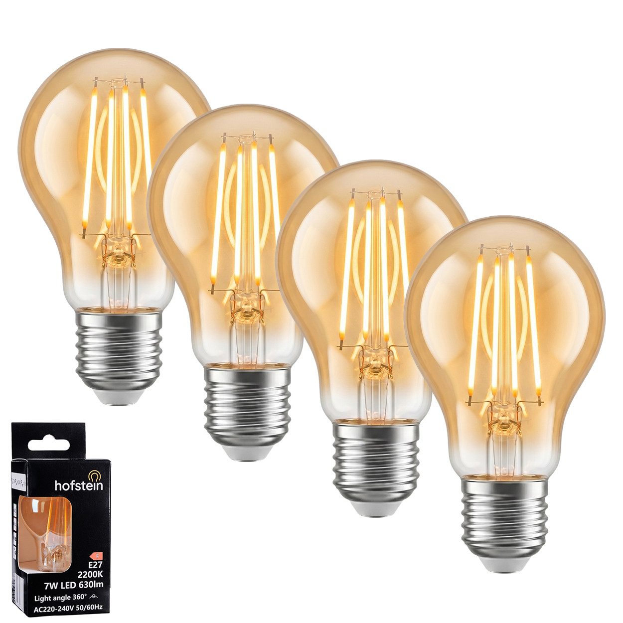 hofstein LED-Leuchtmittel 4er Set Glühbirne Extra Warmweiß 7 Watt 630 Lumen, E27, 2200 Kelvin, Klassisch, Filament, Amber