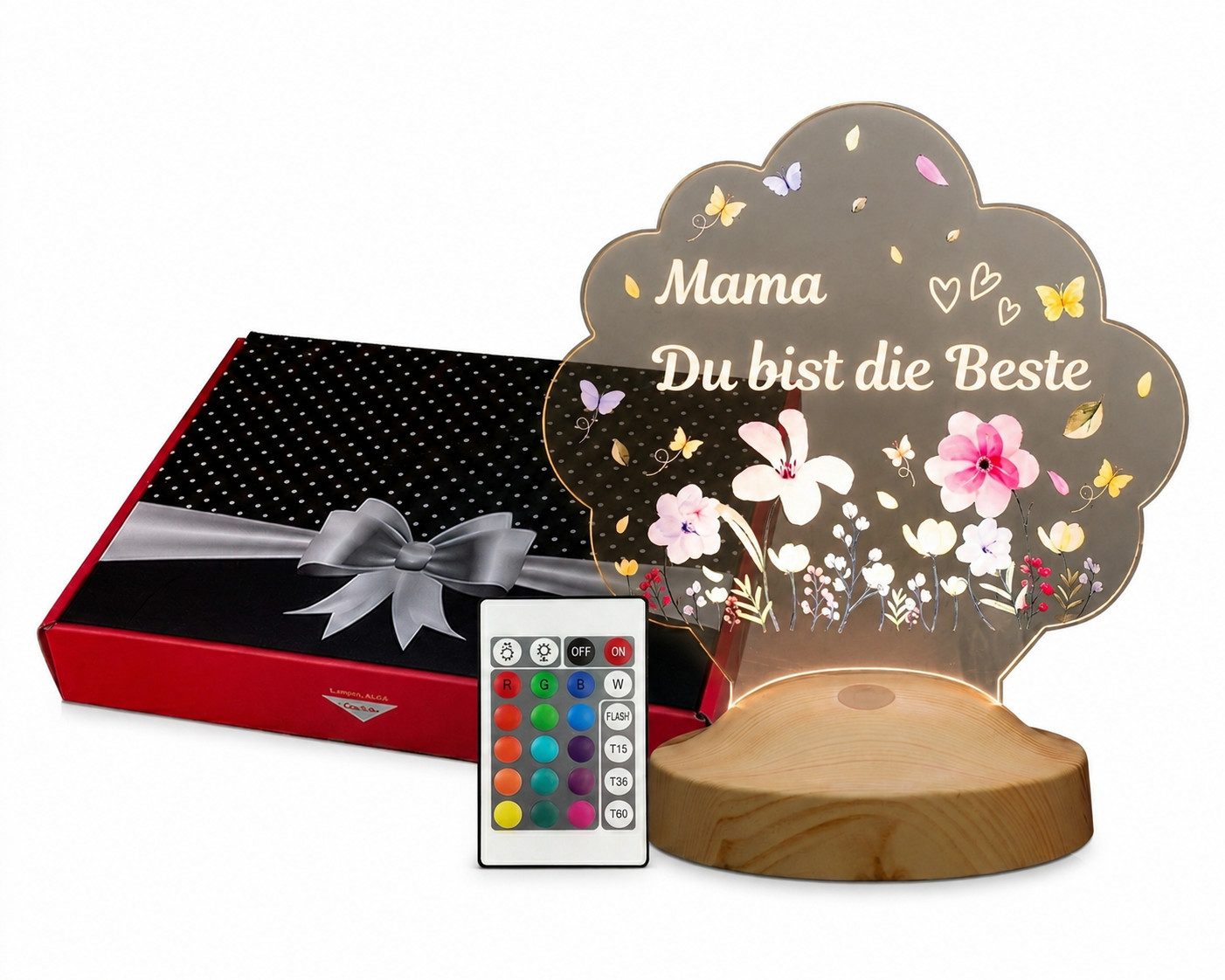 Geschenkelampe LED Nachtlicht LED Nachtlichtlampe Blütenlicht – Mama Du bist die Beste, LED fest integriert, 16 verschiedene Farben, Tageslichtweiß, Muttertag