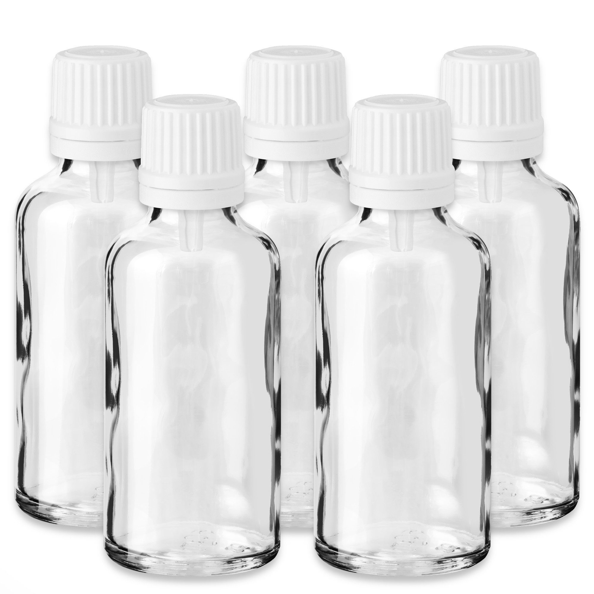 CK Verpackung GmbH Tropfer 5x Klare Glasflasche 50 ml mit weißem Tropfeinsatz leere Tropfflasche