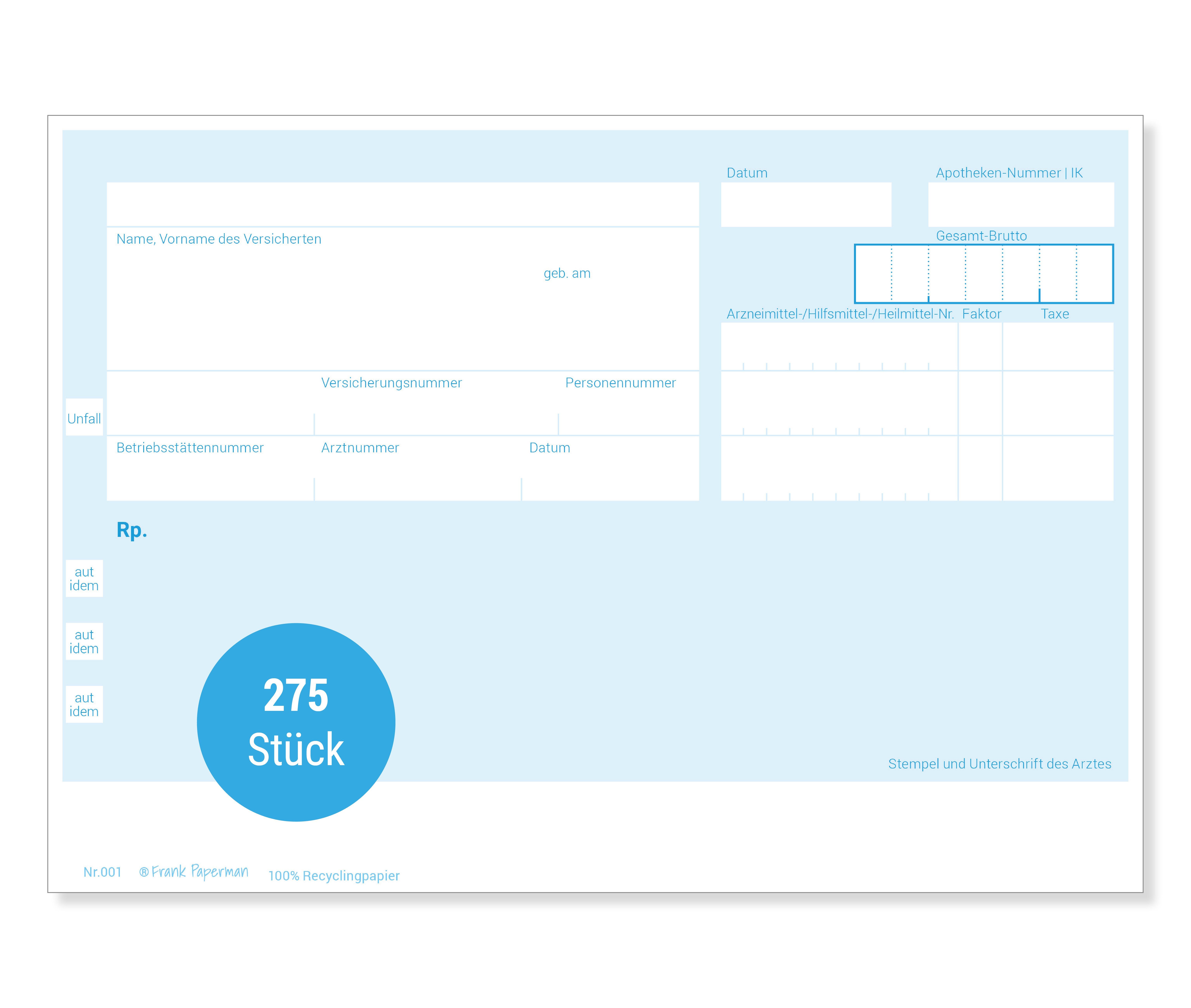 Formularblock Privatrezepte blau für Ärzte, 275 Blätter, ungeblockter Rezeptblock