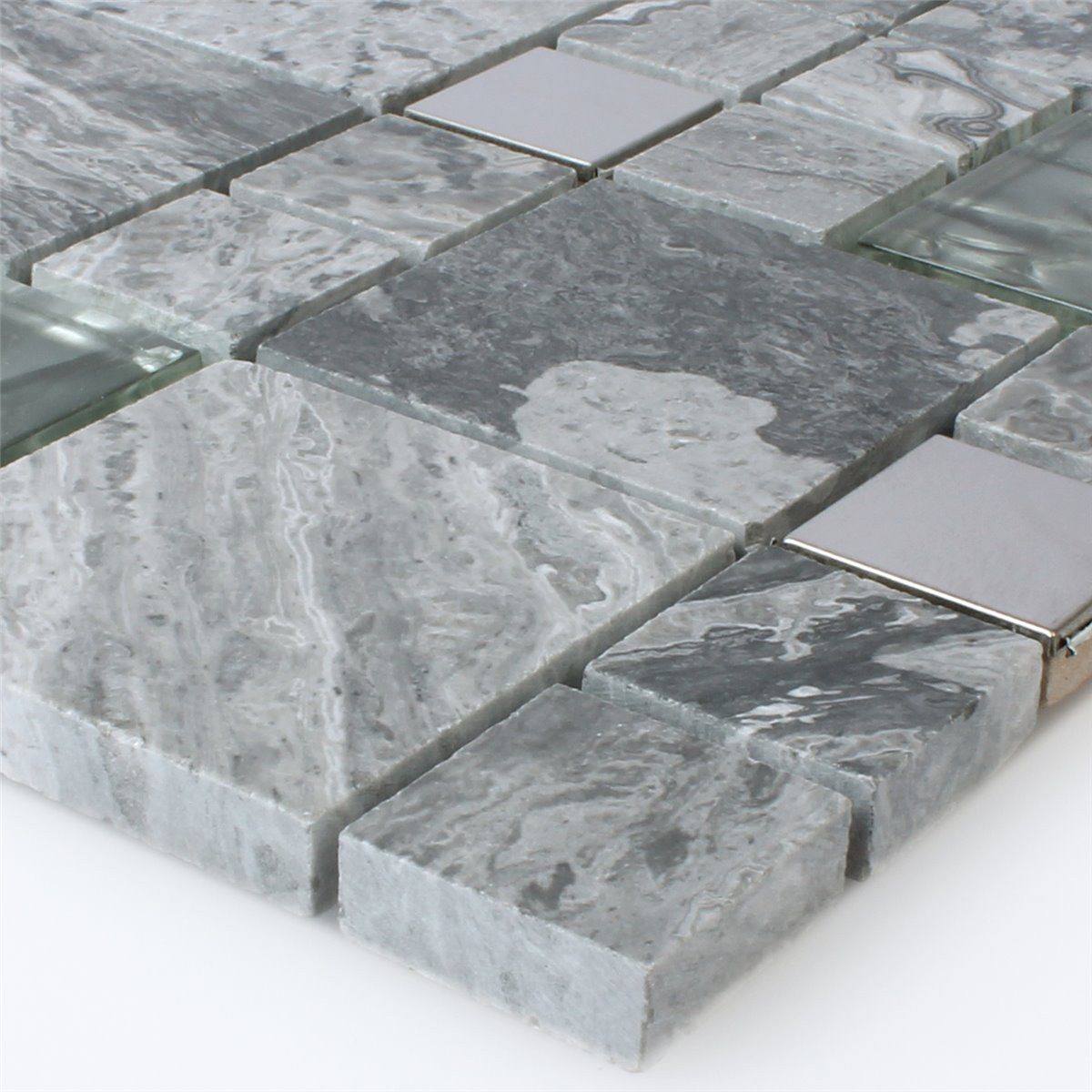 Mosafil Mosaikfliesen Mosaikfliesen Metall Glas Naturstein Mix Grau Silber, Naturstein-Glas-Metall-Edelstahl 30.000x30.000, grau-silber, Verlegefertig auf ein Netz geklebt - Wasserfest