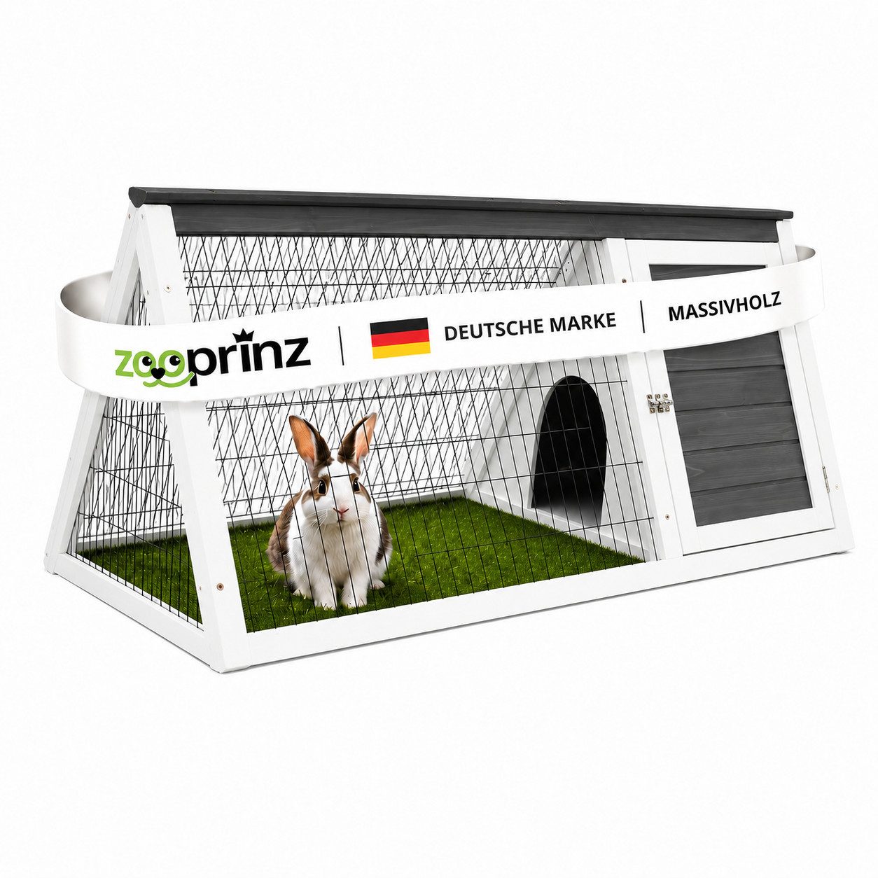 Zooprinz Kleintierstall Hasenstall Kaninchenstall Dreieckig Massivholz mit Freilauf, 115 x 56.5 x 48cm, 2 Türen, Unterschlupf mit Boden