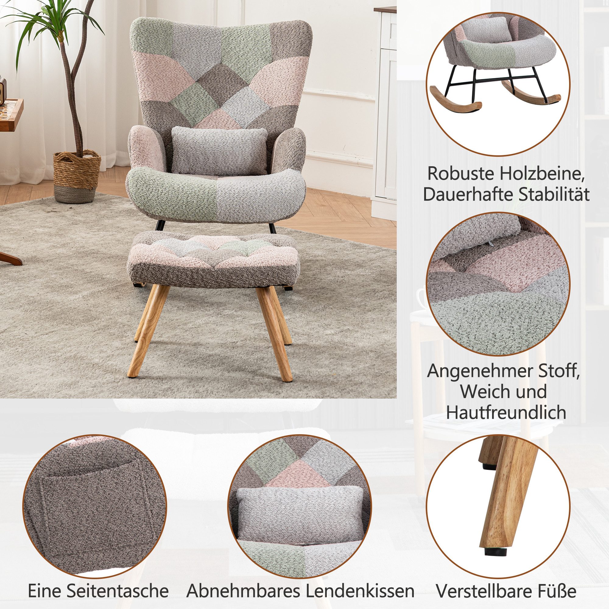 HAUSS SPOLE Schaukelstuhl inklusive 1 Fußstütze und 1 Lendenkissen, mehrfarbiges Design (Loungesessel, 2 St), 2 St.