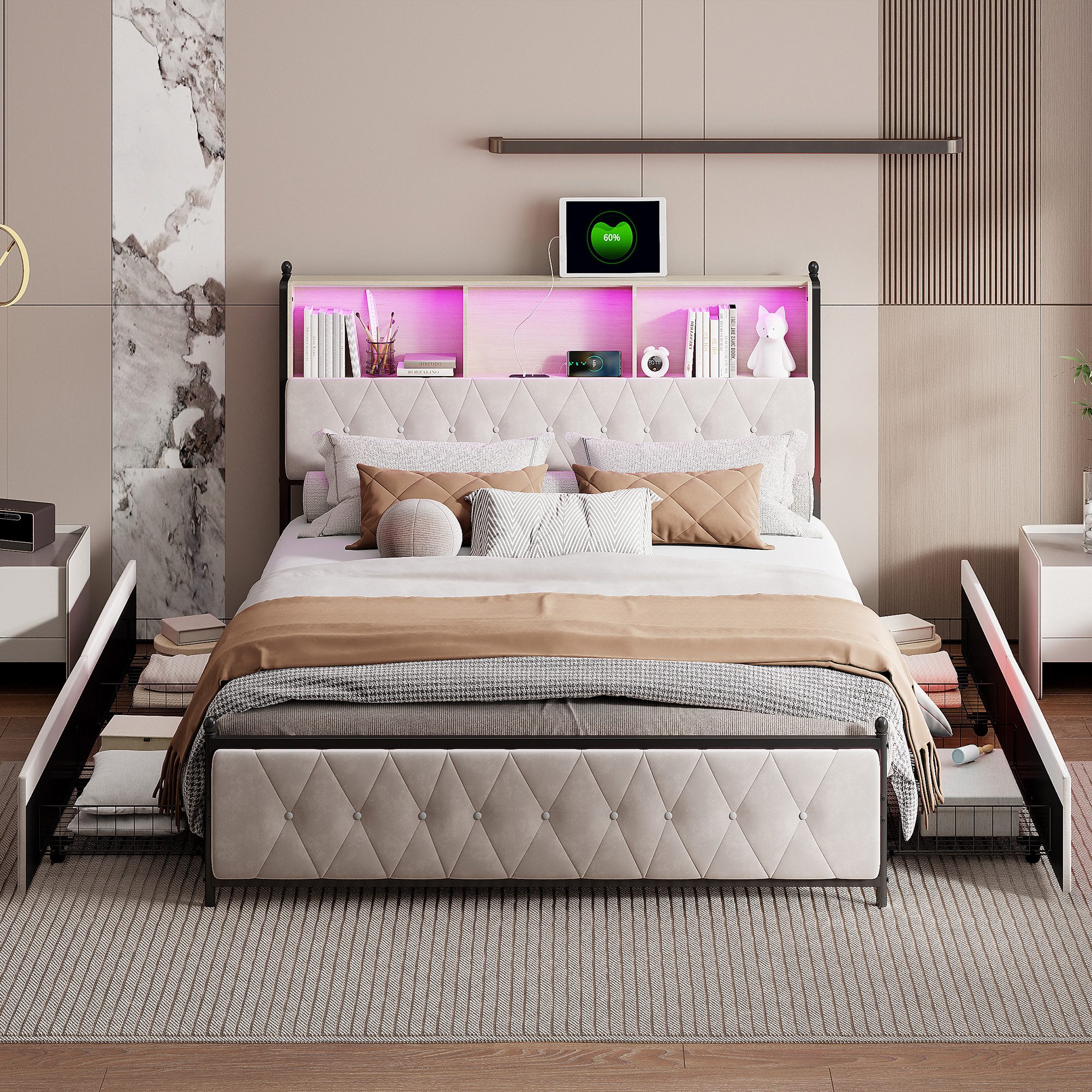 FUROKOY Stauraumbett Polsterbett Doppelbett mit LED-Beleuchtung günstig online kaufen