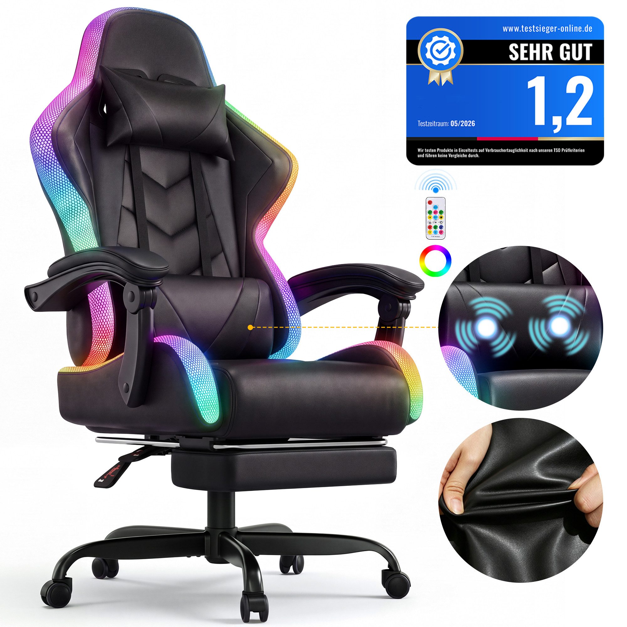 HOMALL Gaming-Stuhl mit LED,Ergonomisch,Fußstütze,computerstuhl,gaming stuhl mit massage (Die LED-Beleuchtung ist einstellbar, das Massagekissen für den Rücken ist beweglich), Ergonomischer Bürostuhl,Kopfstütze und Lendenstütze