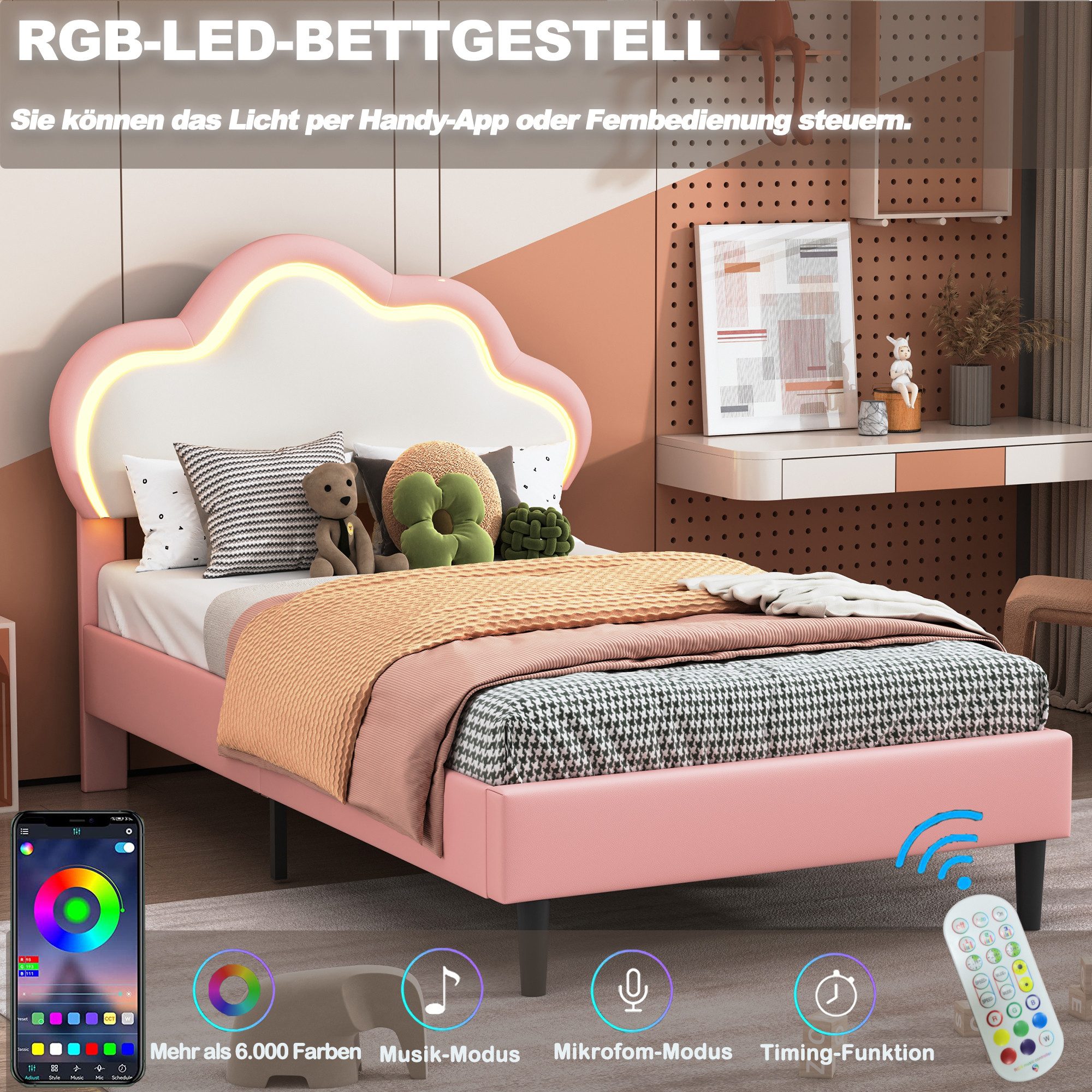 ADWOLT Polsterbett Kinderbett LED Licht Jugendbett (Set, 1-tlg., 90x200cm Einzelbett mit verstellbarem Wolken-Kopfteil,Kunstleder), weiß-rosa – Bild 2 von 5