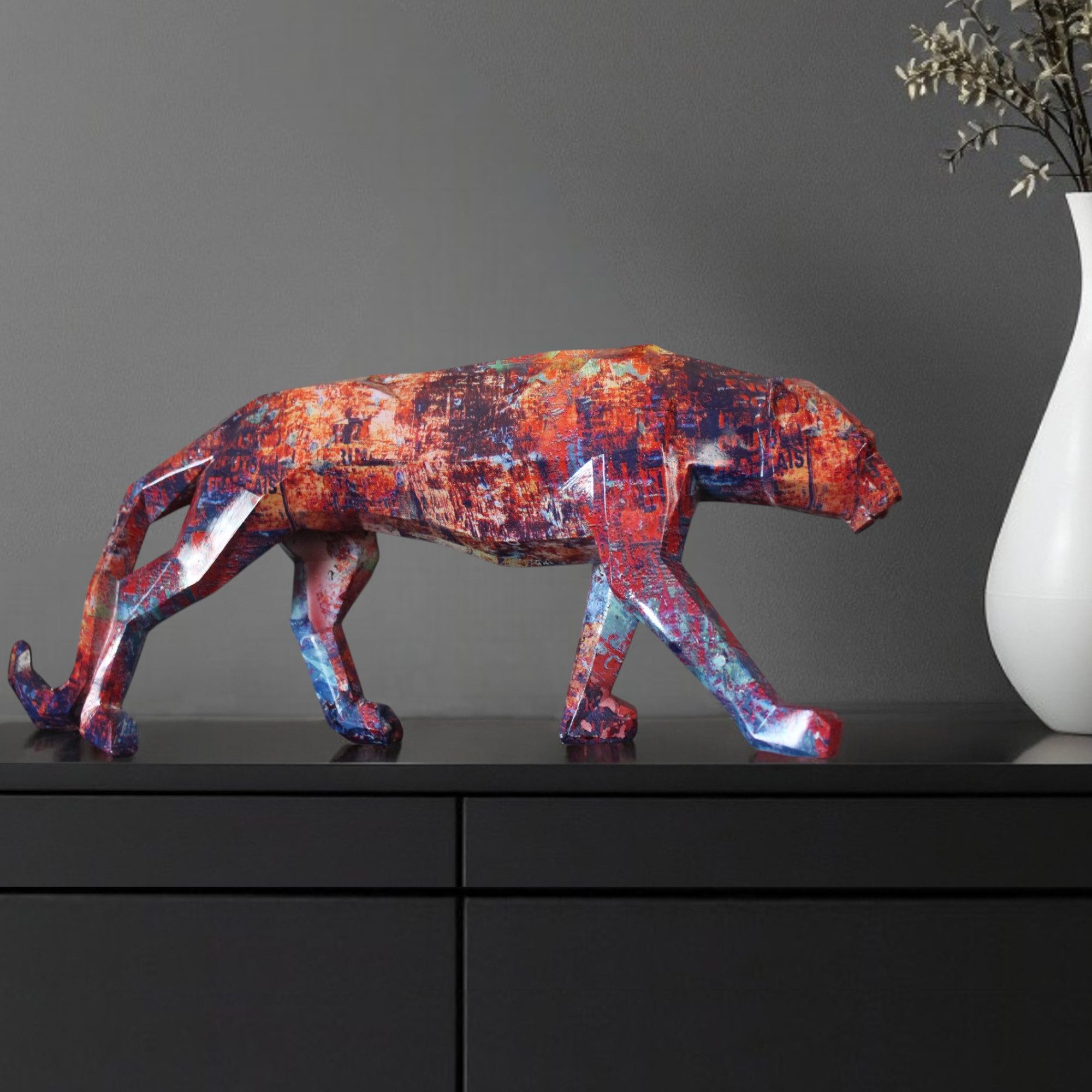 Dekofigur Jaguar Pop Art 49 cm Geometrisches Design Bunte Graffiti Optik