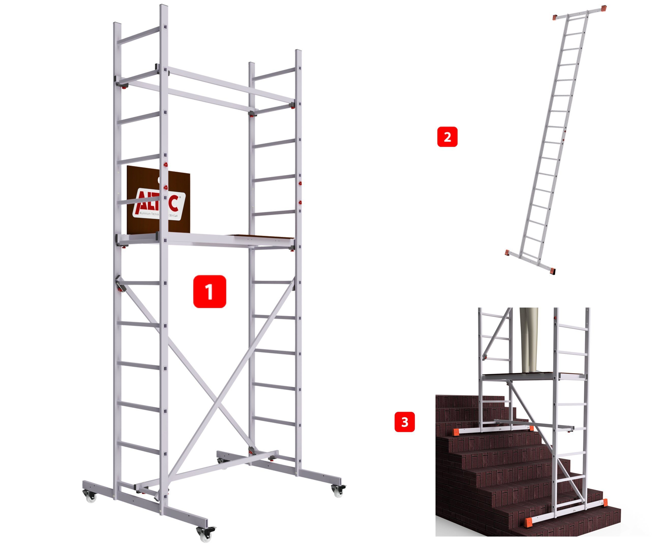 ALTEC Aluminium Fahrgerüst AluCombine 1.0, Leiterngerüst mit Traverse, 4 Laufrollen, maximale Arbeitshöhe 7 Meter