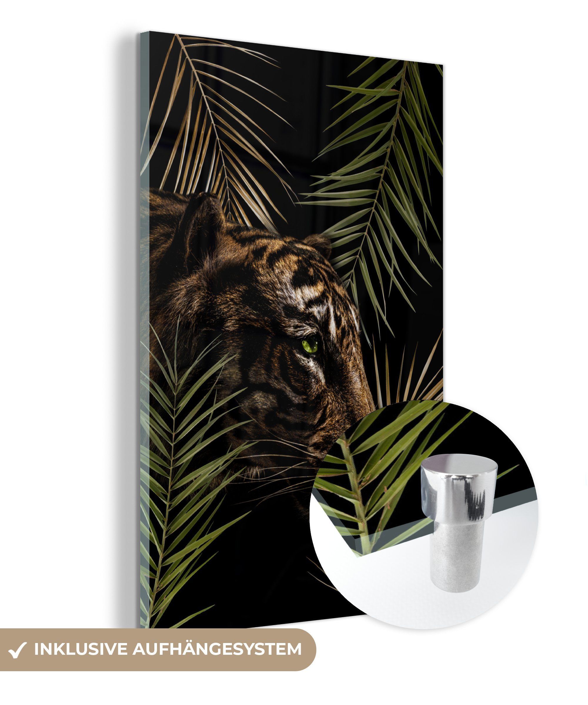 MuchoWow Acrylglasbild Tiger - (1 Glas - Glasbilder Pflanzen Wanddekoration - St), Wandbild bunt Palme, auf - Foto Bilder - Glas auf