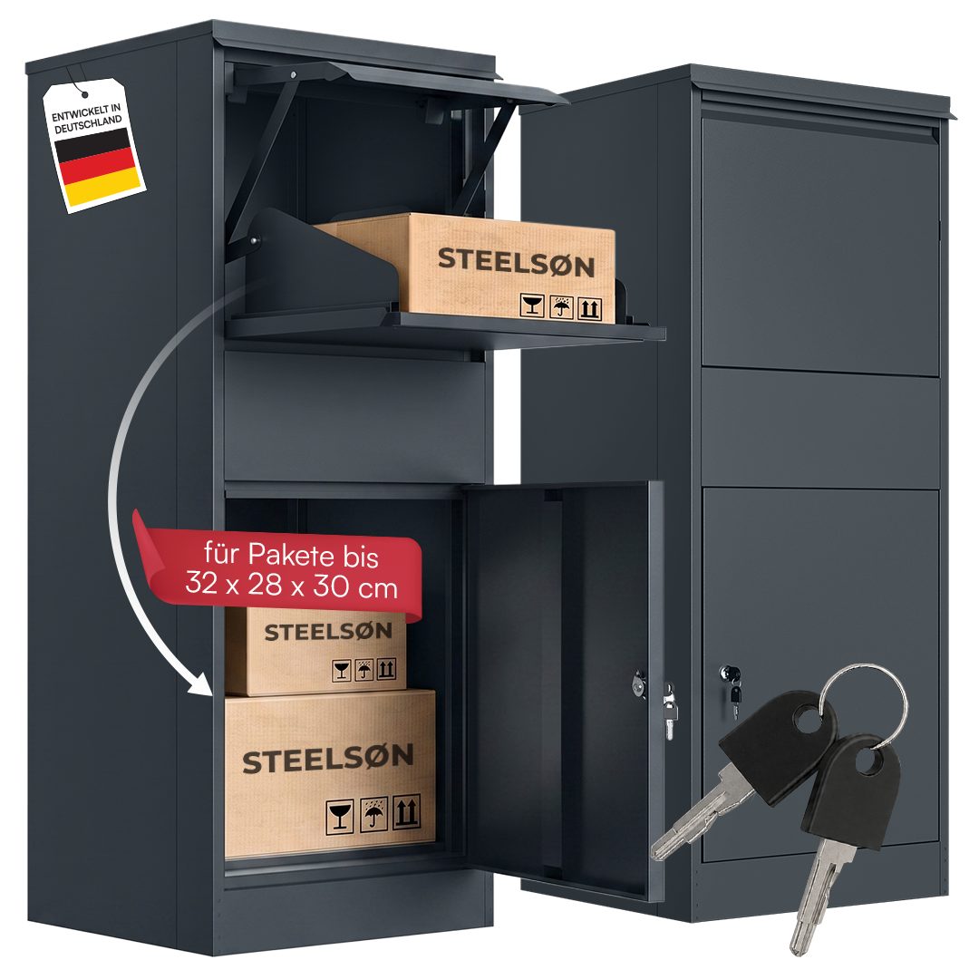STEELSØN Paketbox Theron aus Stahl, Paketkasten abschließbar mit Schloss (Anthrazit, 103x41x38 cm), 1 Fach, sicheres Klappsystem, wasserdichte Aufbewahrung