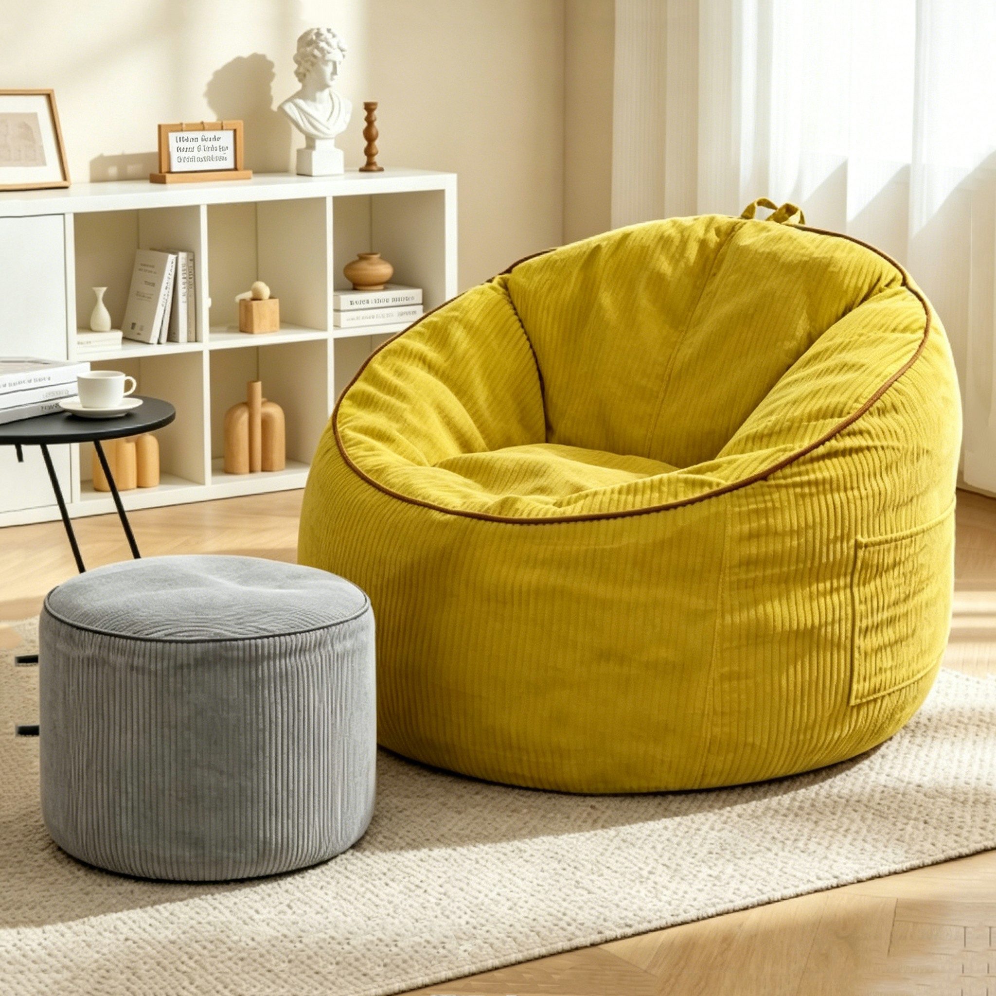 MODFU Sofa Einzelsofa mit ergonomischem Design, Wohnzimmer Sofa, abnehmbare Aufbewahrungstasche und runder Hocker inklusive, Sitzsack