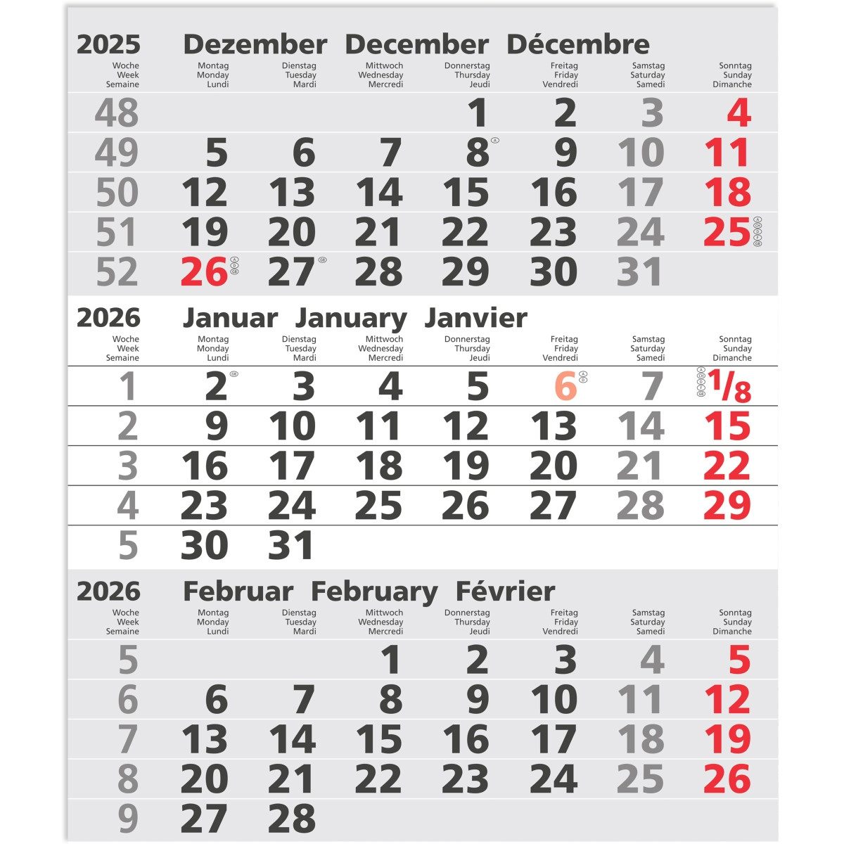 GÜSS Kalender Wandkalender Ersatzkalender für 3-Monatskalender 30x35cm 2026