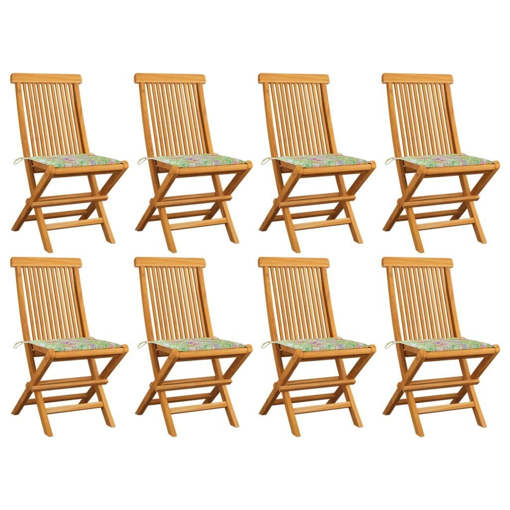 furnicato Gartenstuhl Gartenstühle mit Blattmuster-Kissen 8 Stk. Massivholz Teak | Stühle