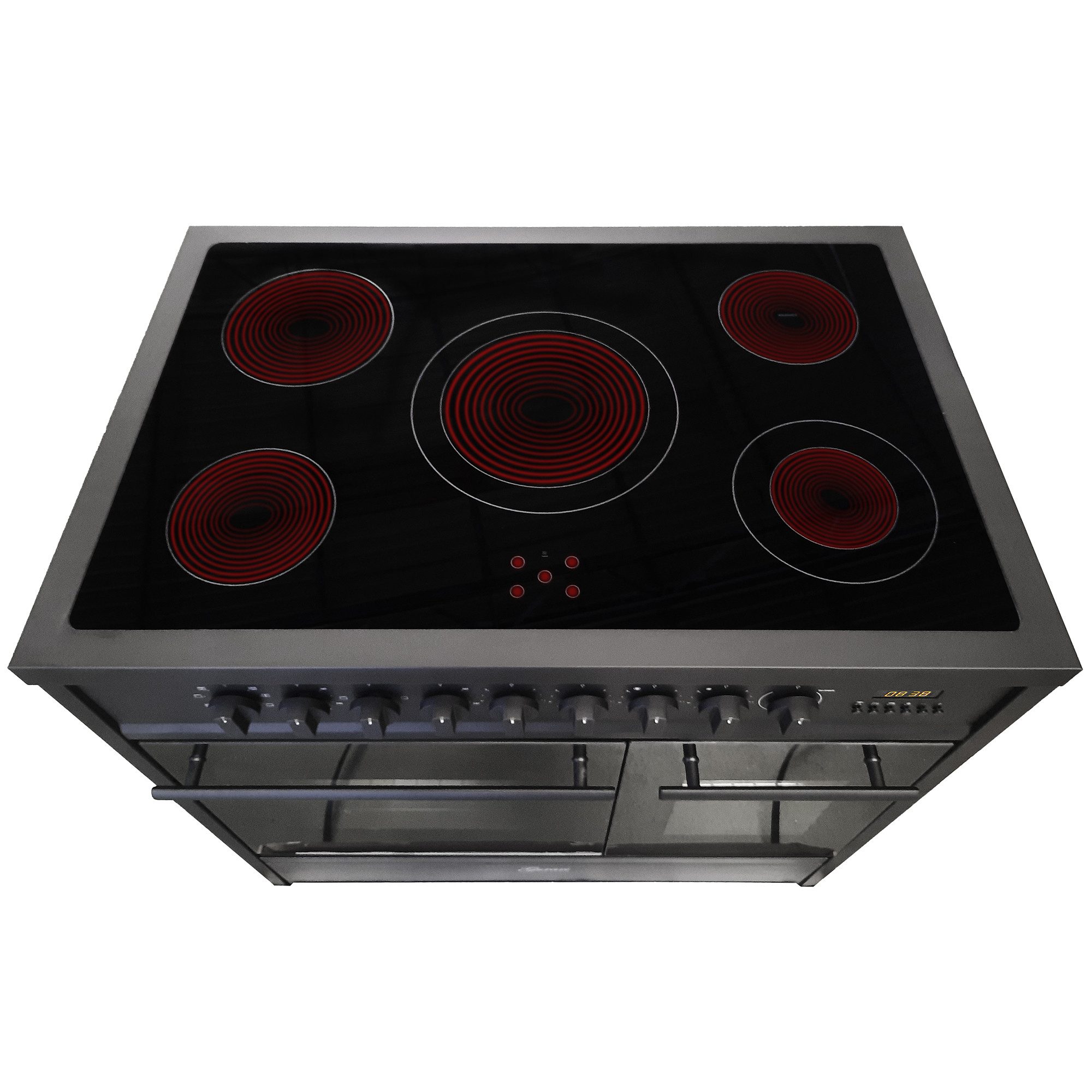 GURARI Elektro-Standherd Glaskeramik Herd 90 cm Schwarz Range Cooker Elektro Doppelbackofen mit Dunstabzugshaube 90cm 1000m³/h kopffreihaube Schwarz Glas TouchControl GCH E 912 DF BL+GCH S 411 90 BL PRIME N.., mit 1-fach-Teleskopauszug
