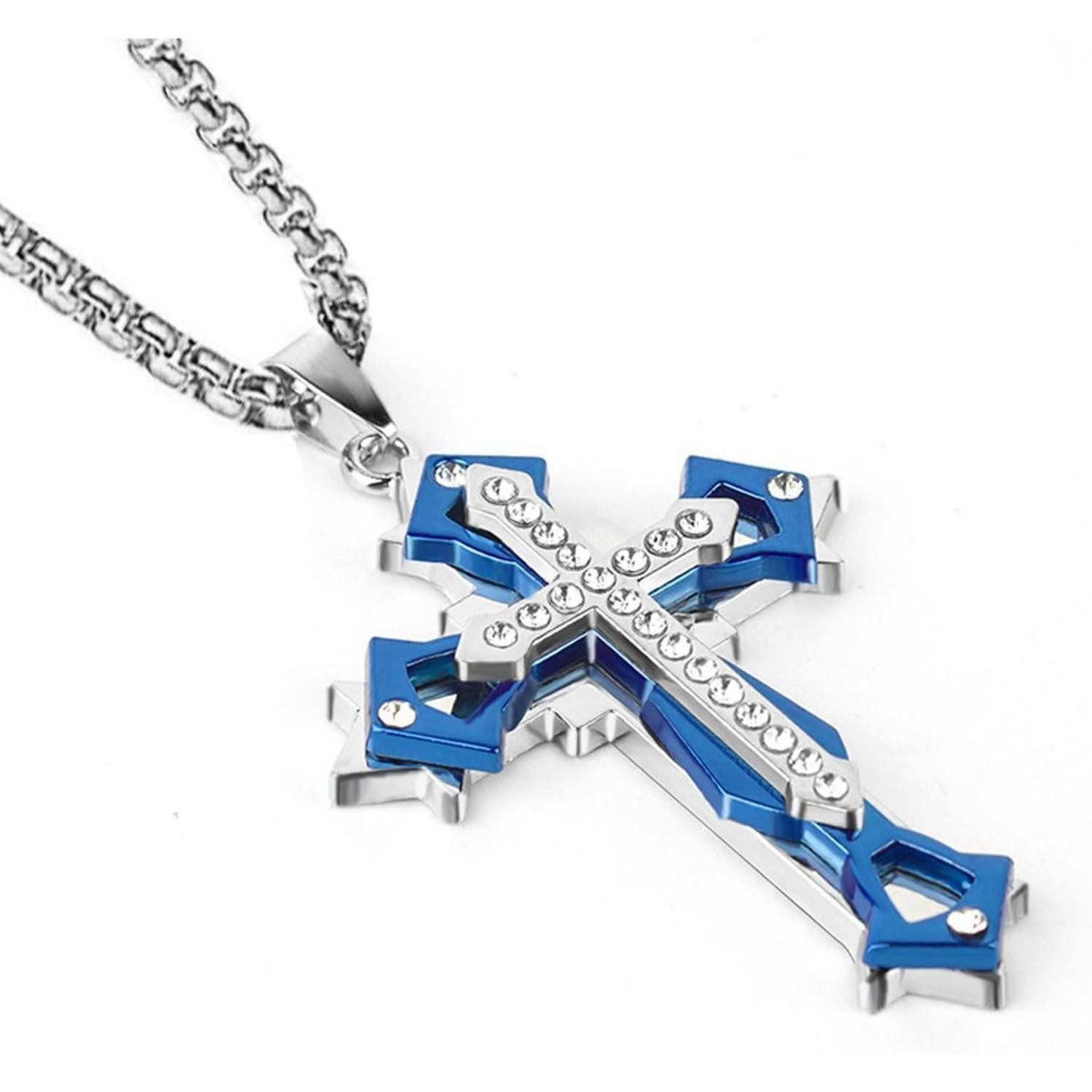 Kreuzkette Kreuz Anhänger Halskette Herren Zirkonia Edelstahl Gold/Schwarz/Blau
