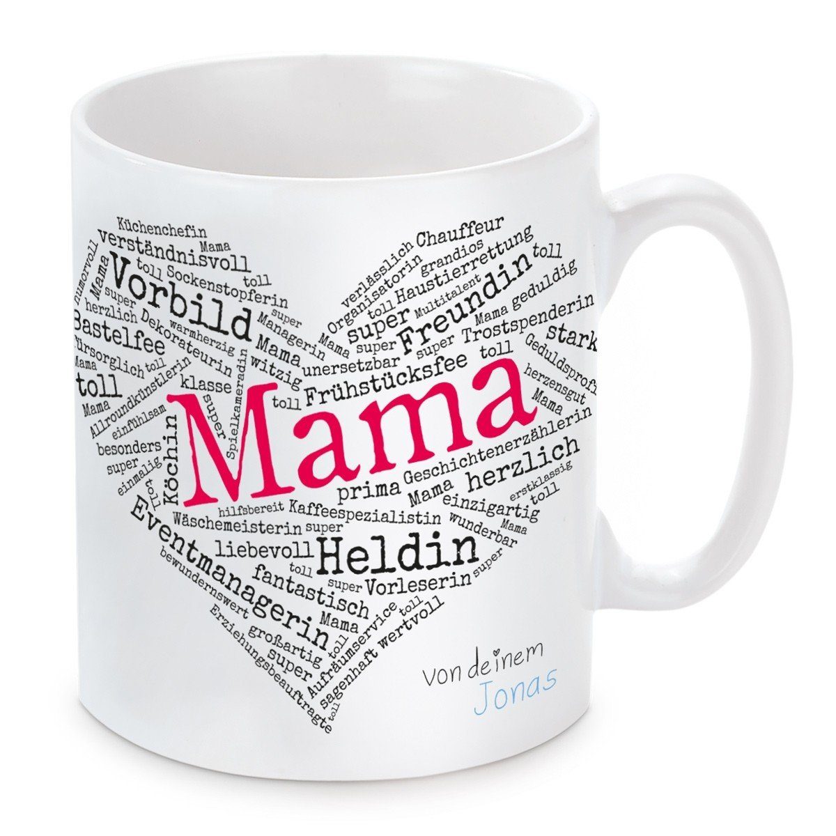 Herzbotschaft Tasse Kaffeebecher mit Motiv Herz aus Worten - Für Mama, Keramik, Kaffeetasse spülmaschinenfest und mikrowellengeeignet