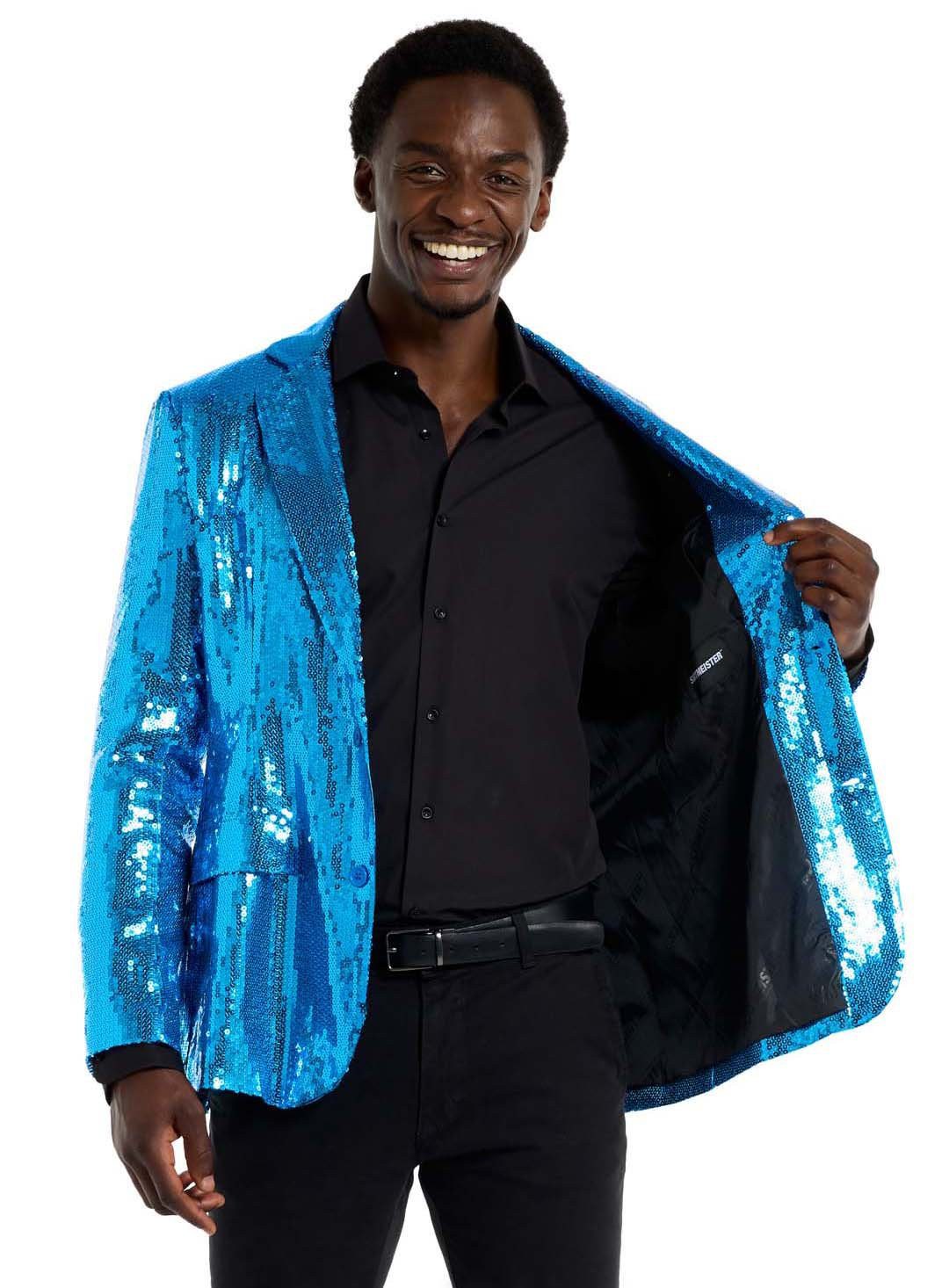 Opposuits Kostüm Glitzerjacke blau, Eine blaue Discokugel zum Anziehen!