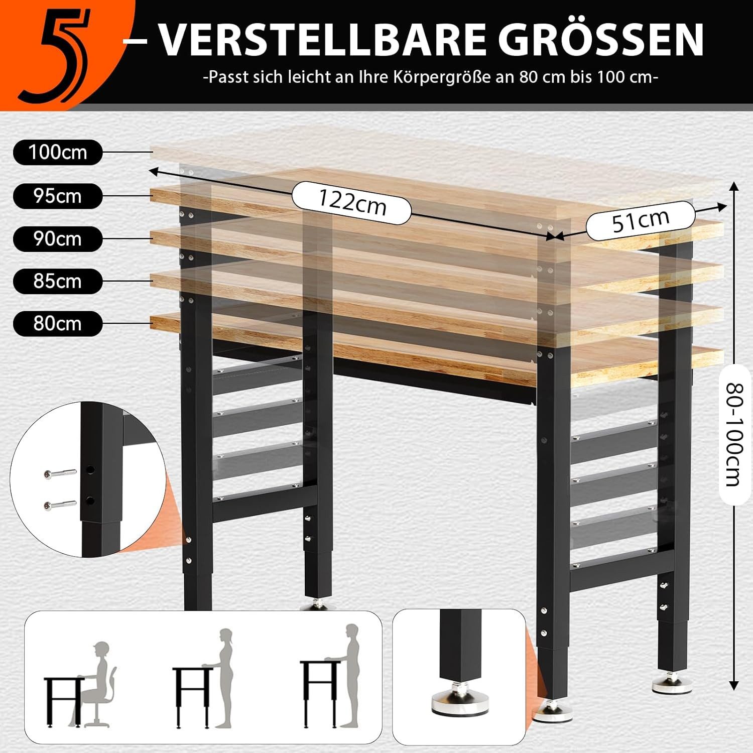 TLGREEN Werkbank 122x51cm Höhenverstellbar (80-100cm), (mit Stromanschluss (3 Steckdosen + 2 USB) & Werkzeugboard), für Werkstatt, Garage & Heimwerken, Werkbank aus Massivholz Gummibaum