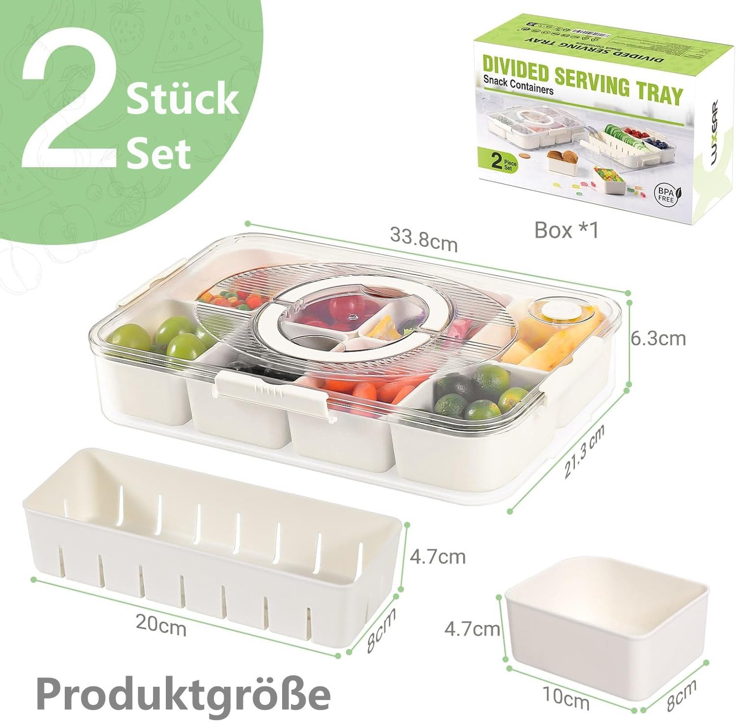 Elegear Vorratsdose Snackbox mit 8 Fächern, Snackteller mit Deckel und Griff, Snackschale, Polypropylen, (2-tlg., 1x Snackbox mit Deckel und Griff), Snackdose Organizer für Snacks Süßigkeiten Nüsse Obst Gewürze
