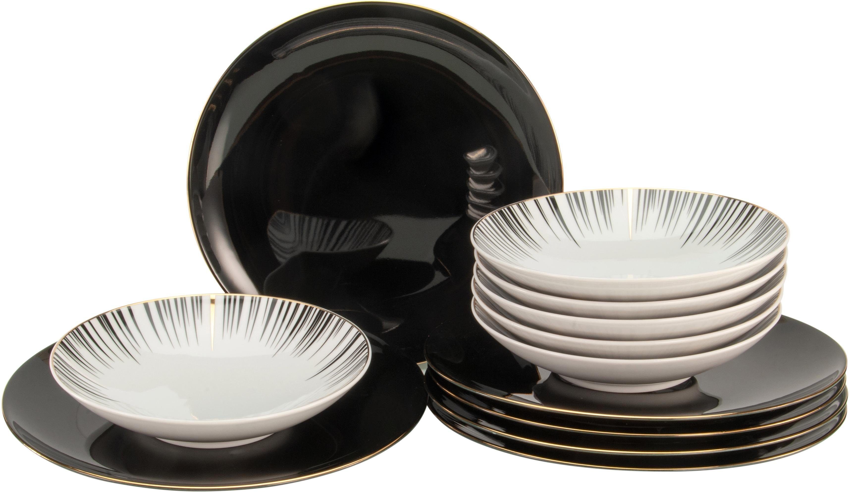 CreaTable Tafelservice Teller Set, Geschirr-Set Enjoy Black Style (12-tlg), 6  Personen, Porzellan, Service, handdekorierter Goldrand, 12 Teile, für 6  Personen, - Kombination von schwarz-weiß-gold Glasur