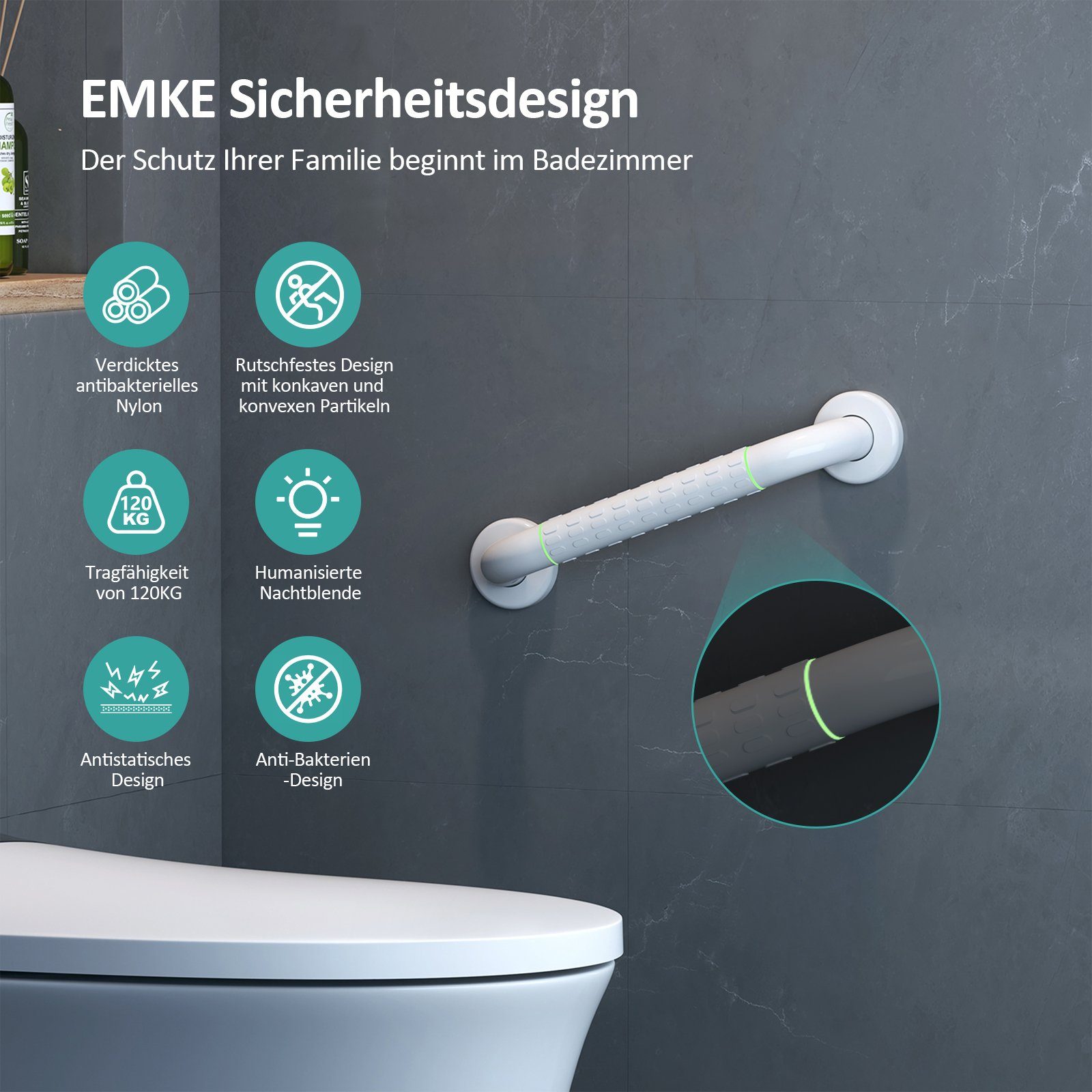 EMKE Haltegriff mit Nylon-Leuchtring, Badezimmer-rutschfester Bad­haltegriff, 30 cm / 40 cm / 50 cm, Weiß, Aluminium-Kern, Nachtleuchtfunktion