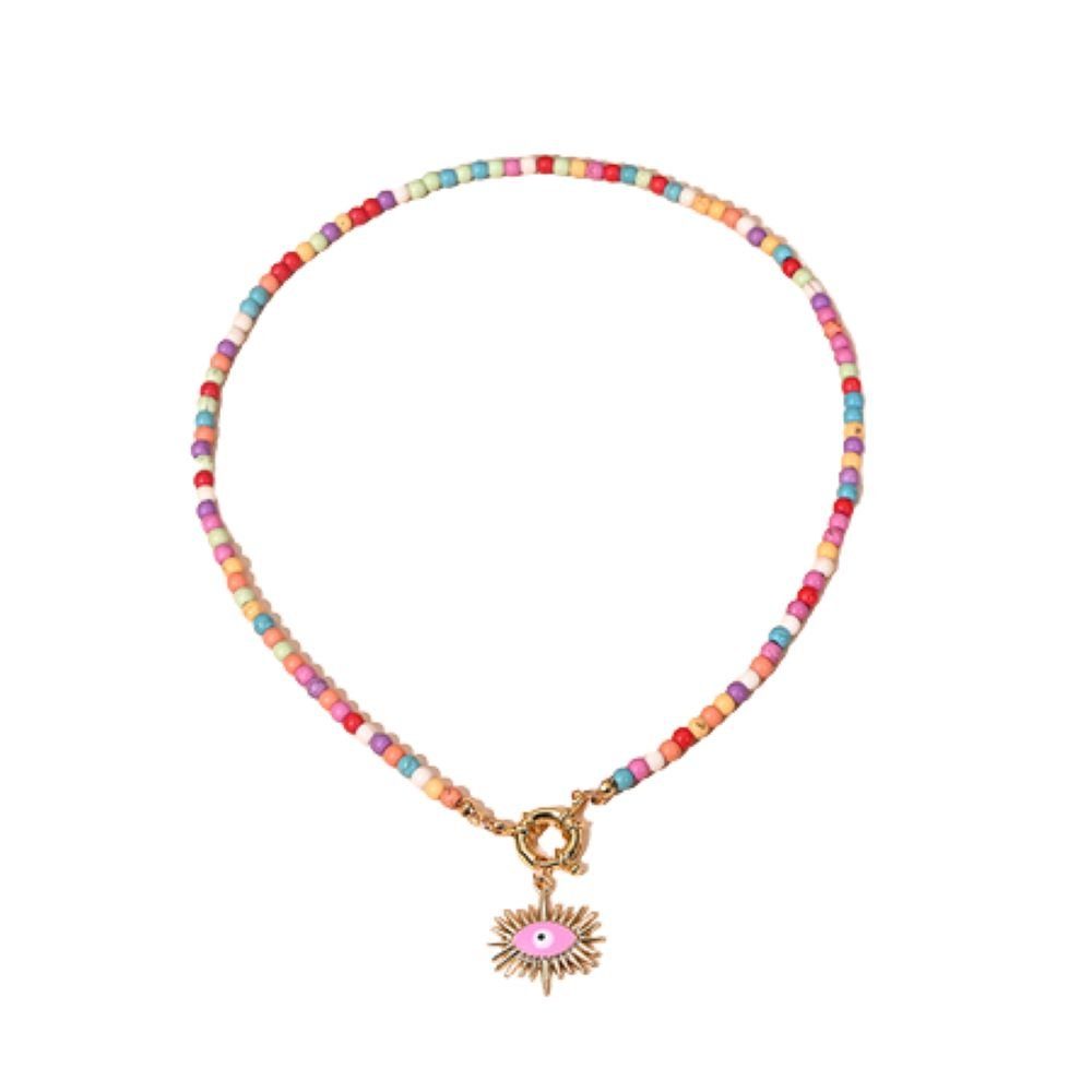 BUNGSA Goldkette Perlenkette Choker pastell/goldfarben + pinkes Evil Eye Messing Damen (1-tlg), Halskette Necklace