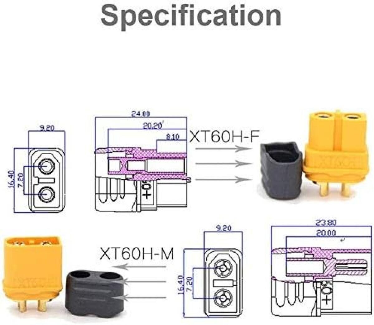 FELIXLEO Flachsteckhülsen 10 Paar XT60H Steckverbinder Set mit Abdeckung für Lipo Batterie RC, 1-tlg.
