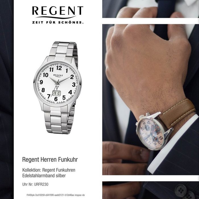 Regent Funkuhr Regent Herren-Armbanduhr silber (Funkuhr) Herren Funkuhr rund groß (ca. 40mm) Edelstahlarmband silber XB11255