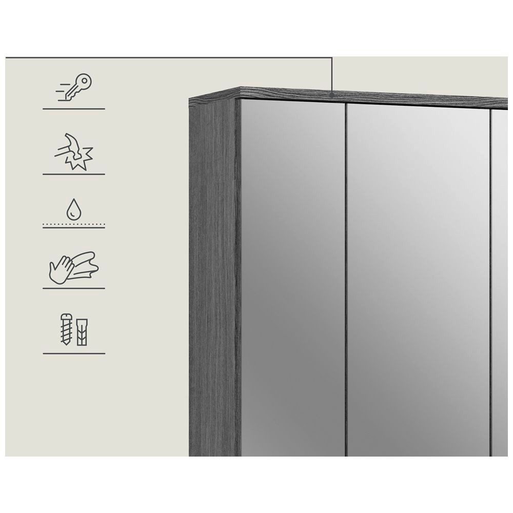 Lomadox Spiegelschrank BREST-158 Badschrank Stauraum verspiegelt 3 türig grau weiß 60 cm breit