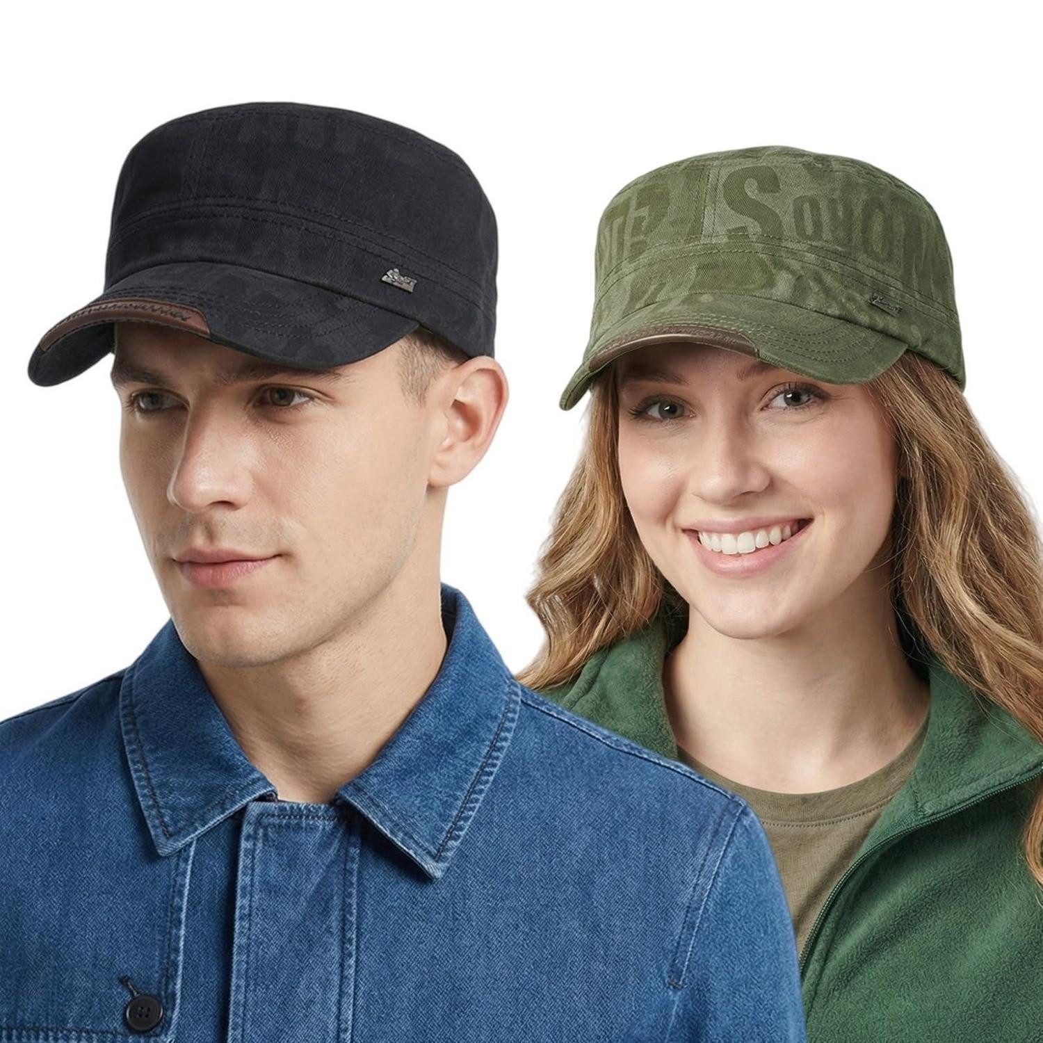 LuxusKollektion Flat Cap Kappe Cadet Flatcap Militär Baumwolle Herren M-L Schwarz+Armeegrün