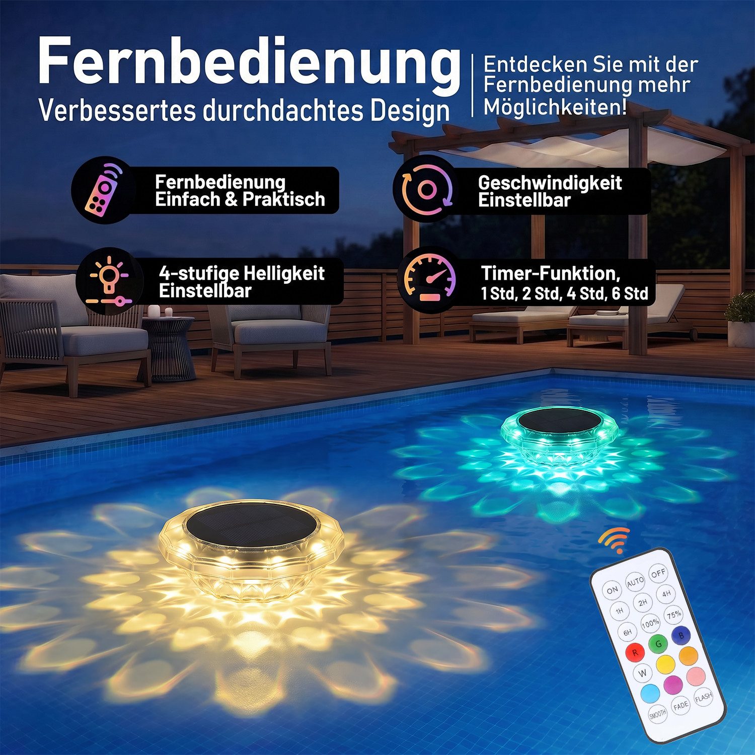 oyajia Pool-Lampe RGB Solar Poolbeleuchtung, Schwimmende Poolleuchte mit Fernbedienung, LED fest integriert, RGB, IP68 Wasserdichte Poolleuchten für Wanne, Schw – Bild 4 von 5