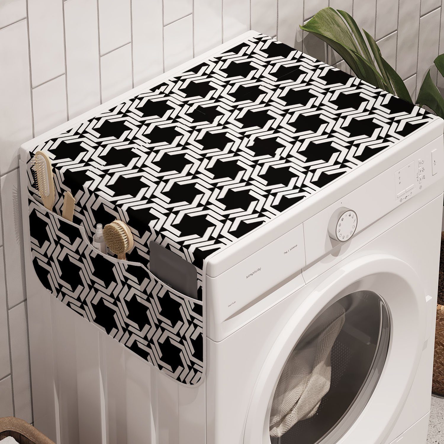 Abakuhaus Badorganizer Anti-Rutsch-Stoffabdeckung für Waschmaschine und Trockner, Schwarz und weiß Spiral Hexagons