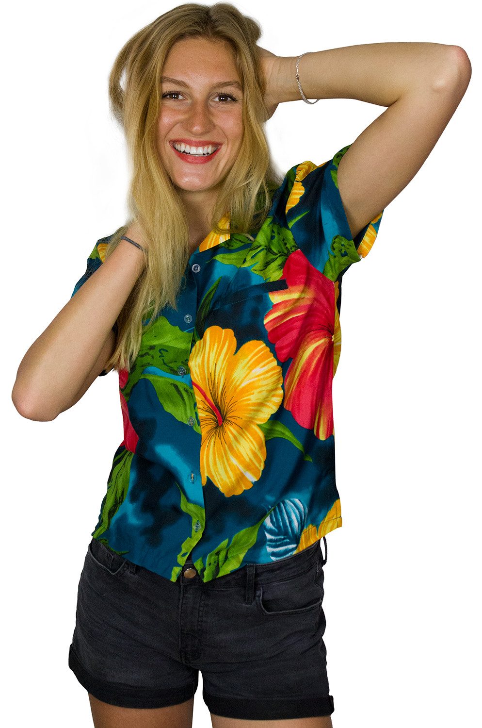 King Kameha Hawaiihemd Big Flower Funky Hawaiibluse Damen Kurzarm Front-Tasche Stylish