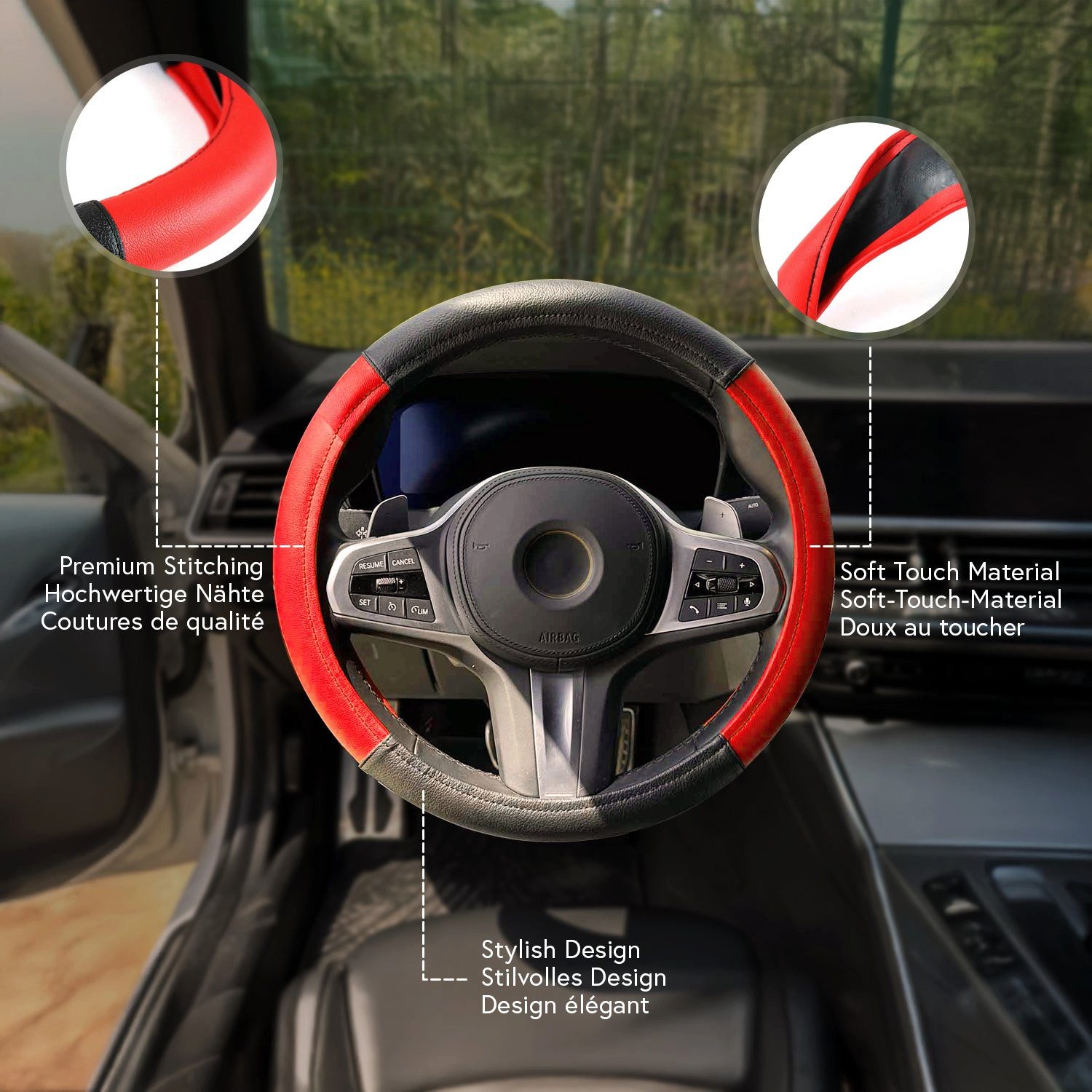 OMAC Steering Wheel Cover, Steering Wheel Protector, Red/Black, Ø38-40 cm (1-piece), Odorless, Easily Adjustable, Flexible