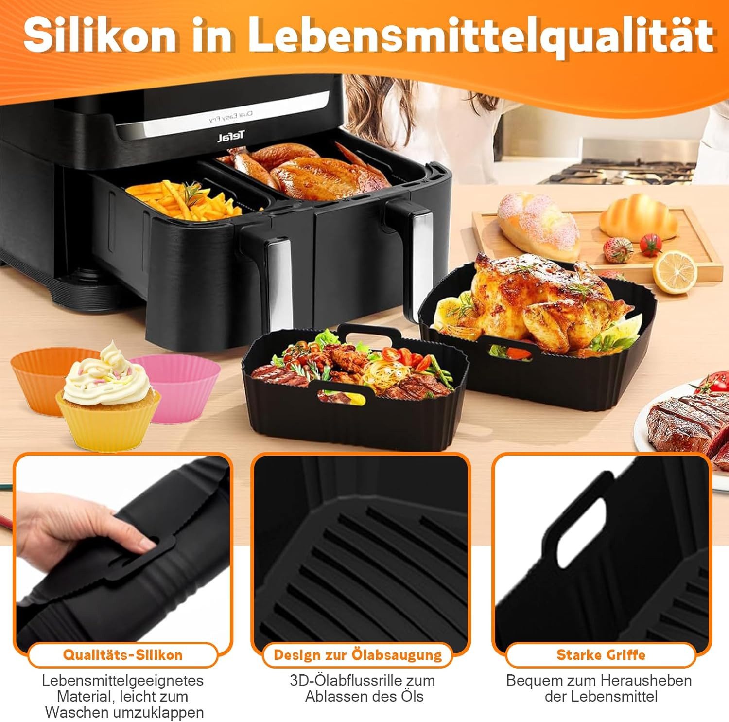 SURFOU Backform Heißluftfritteuse Zubehör 29-tlg set für Tefal Dual Easy Fry EY9018, (29-tlg Heißluftfritteuse Zubehör Set für Tefal EY9018 & weitere Dual-Airfryer, Tower T17099, Salter EK5729 – ideal für 3,1L + 5,2L Air Fryer, inklu. Silikonformen, Muffinförmchen, Backformen, Grillrost, Edelstahlspieße, Spießhalter, Silikonhandschuhe, Silikonzange, Öl-Pinsel, Ölsprüher 29-tlg 29-tlg), Schnell zubereitet, gesund, fettarm