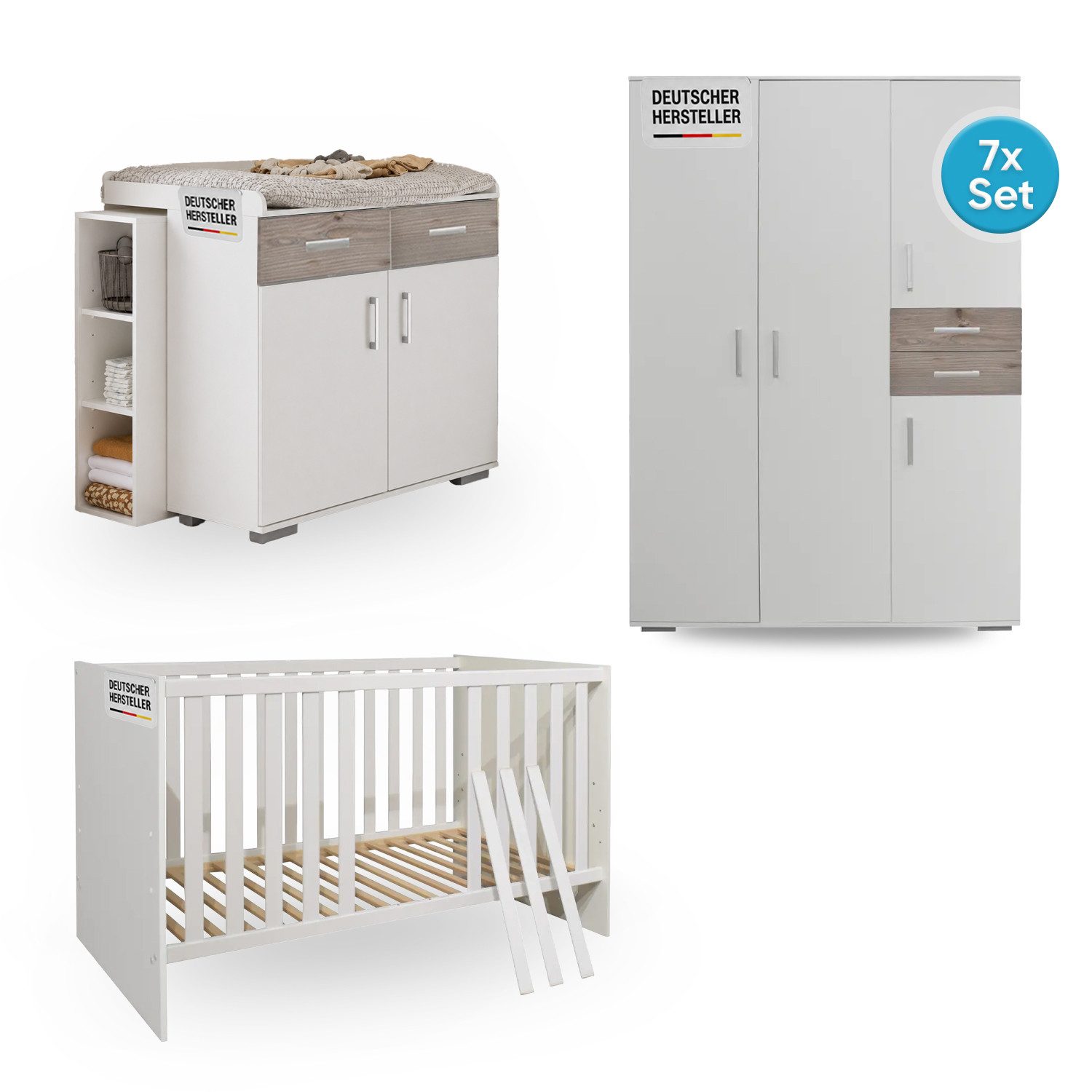 Storado Babymöbel-Set Sienna 7-teilig 70×140cm, Kinderzimmer-Set, Farbe wählbar, Mitwachsendes Babybett, Wickelkommode und geräumiger Schrank
