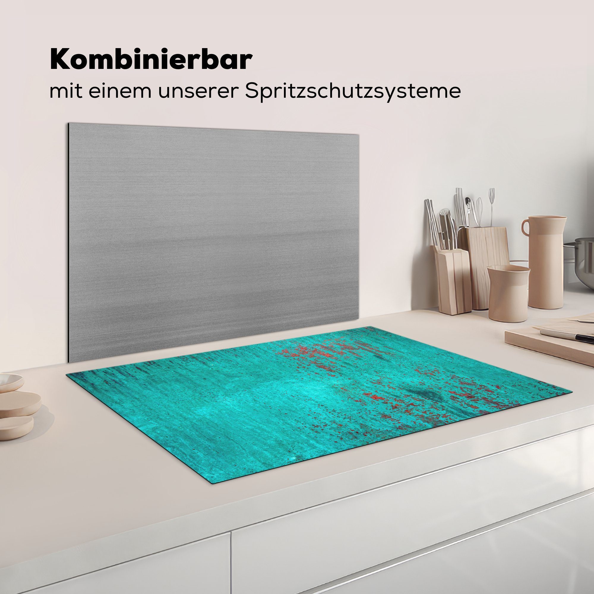 MuchoWow Schutz Patina, cm, Ceranfeldabdeckung Vinyl, (1 aus Herdblende-/Abdeckplatte Kupfer Induktionskochfeld 81x52 tlg), blauer Struktur für küche, mit die