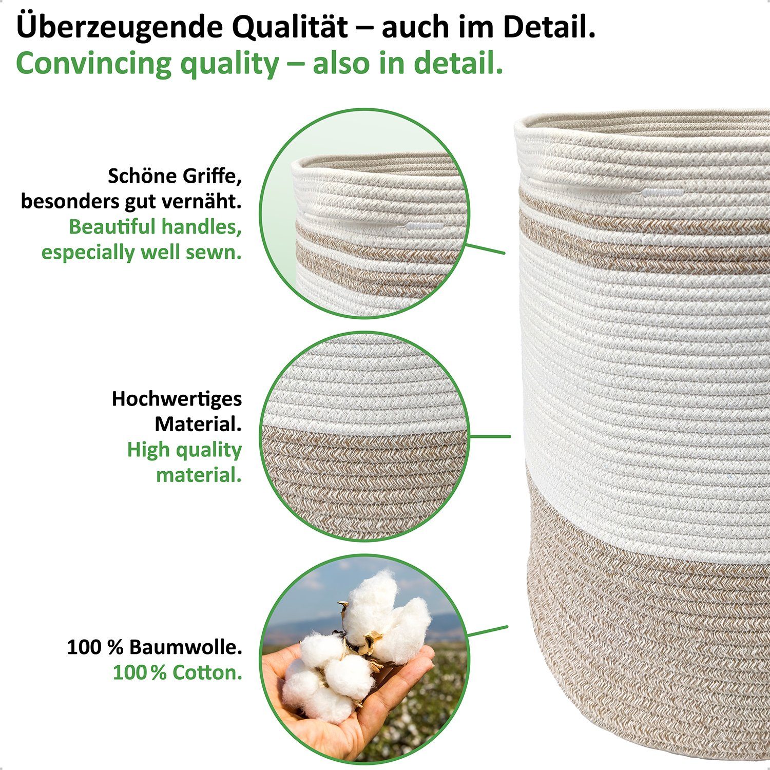 WIESEN.design Wäschekorb Ben Ø41xH46 cm 61L, 100% Baumwolle, Aufbewahrungskorb geflochten, inkl. großem Waschsack und schwerem Wäschesack, gratis Versand – Bild 3 von 5