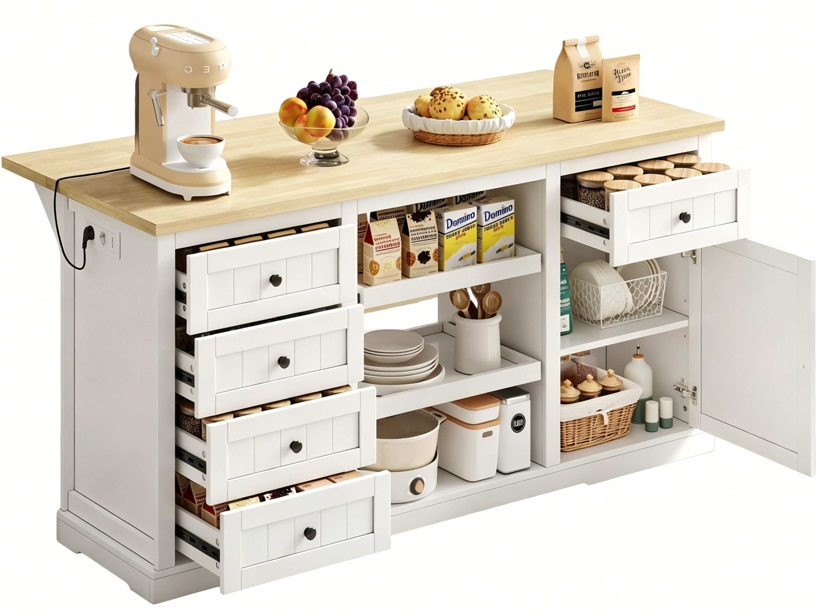 SeedWave Buffet Vielseitiges Sideboard mit Ladefunktion, 150cm Klappbare Tischplatte Küchen Schrank mit 2 Ausziehbare Tablette, 1,5m Stromkabel
