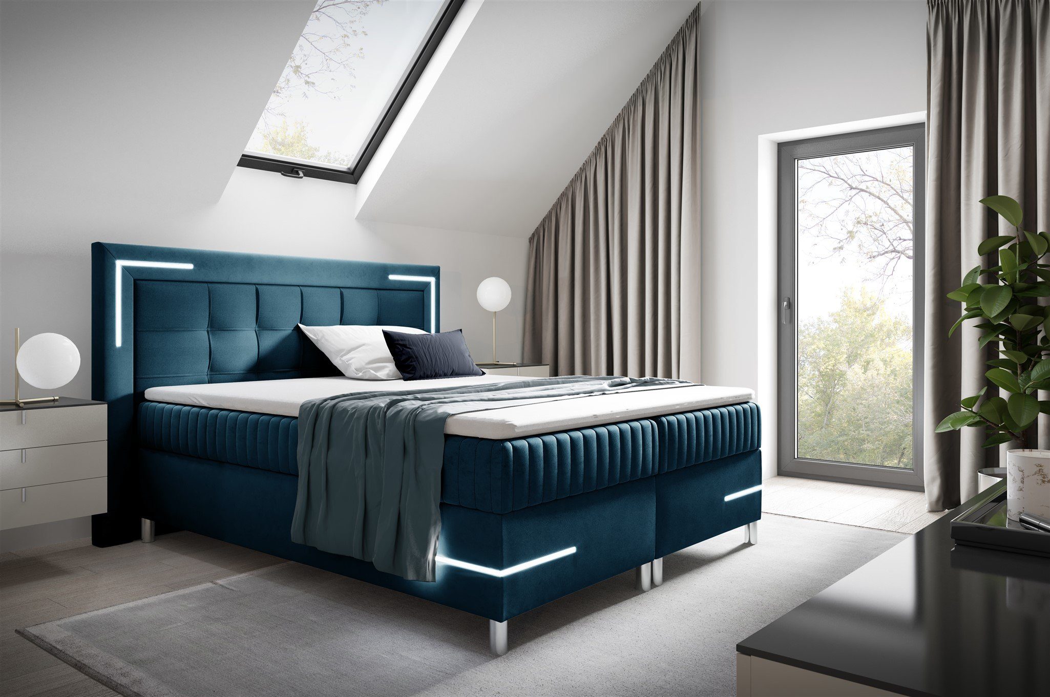 Fun Möbel Boxbett Bett Schlafzimmerbett AMORE Nr.2 in Stoff Fresh (inkl. Bettkasten, inkl. Topper), LED Leuchten mit Fernbedienung