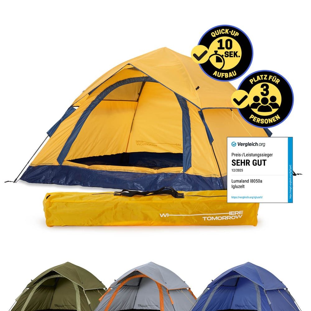 Lumaland Kuppelzelt Wurfzelt Zelt für 3 Personen 210x190x110cm, Leichtes Pop Up Wurfzelt, 2-3 Personen Kuppelzelt, Wasserdicht